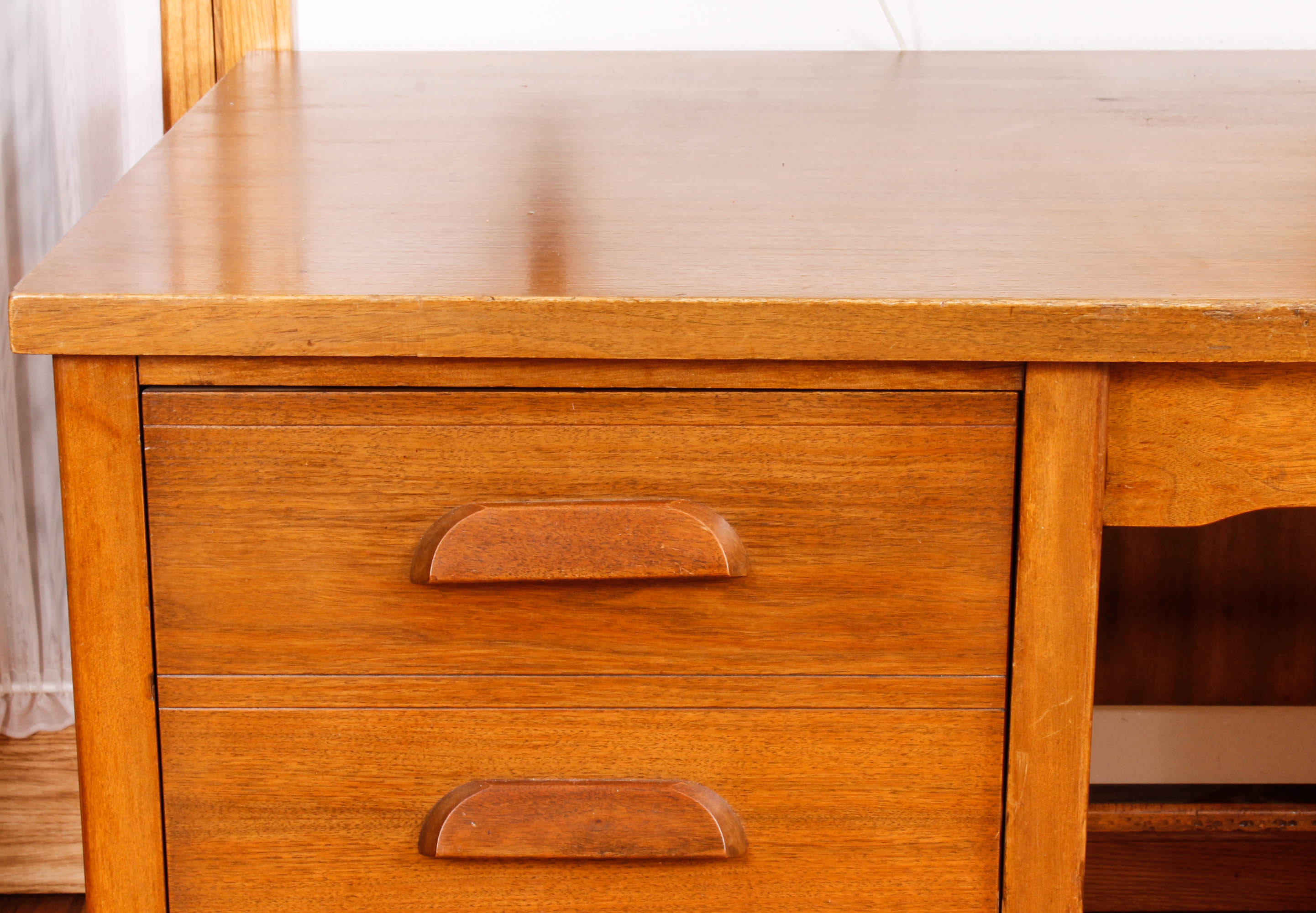 Large Vintage Wooden Desk with Upholstered Office Chair