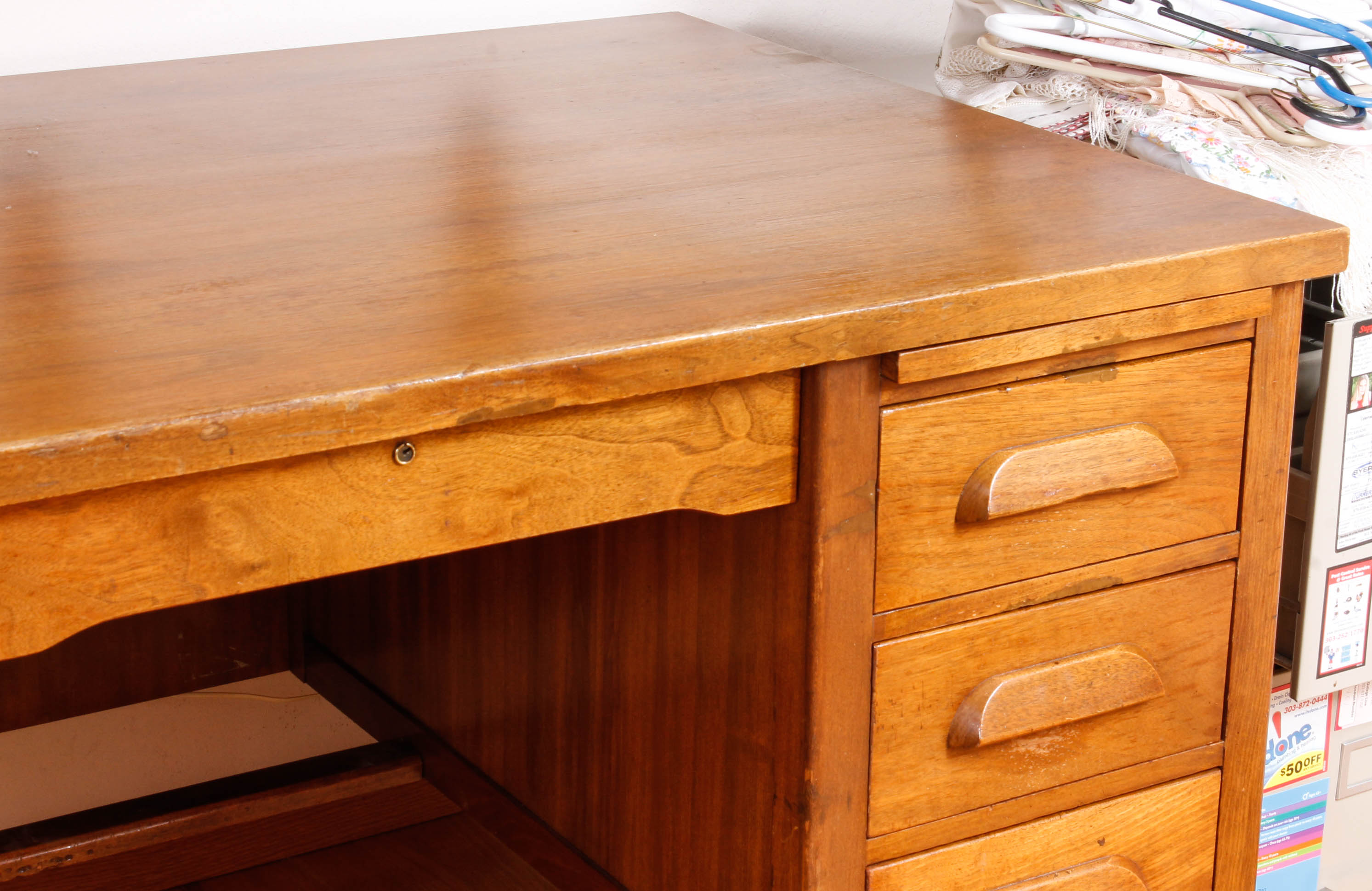 Large Vintage Wooden Desk with Upholstered Office Chair