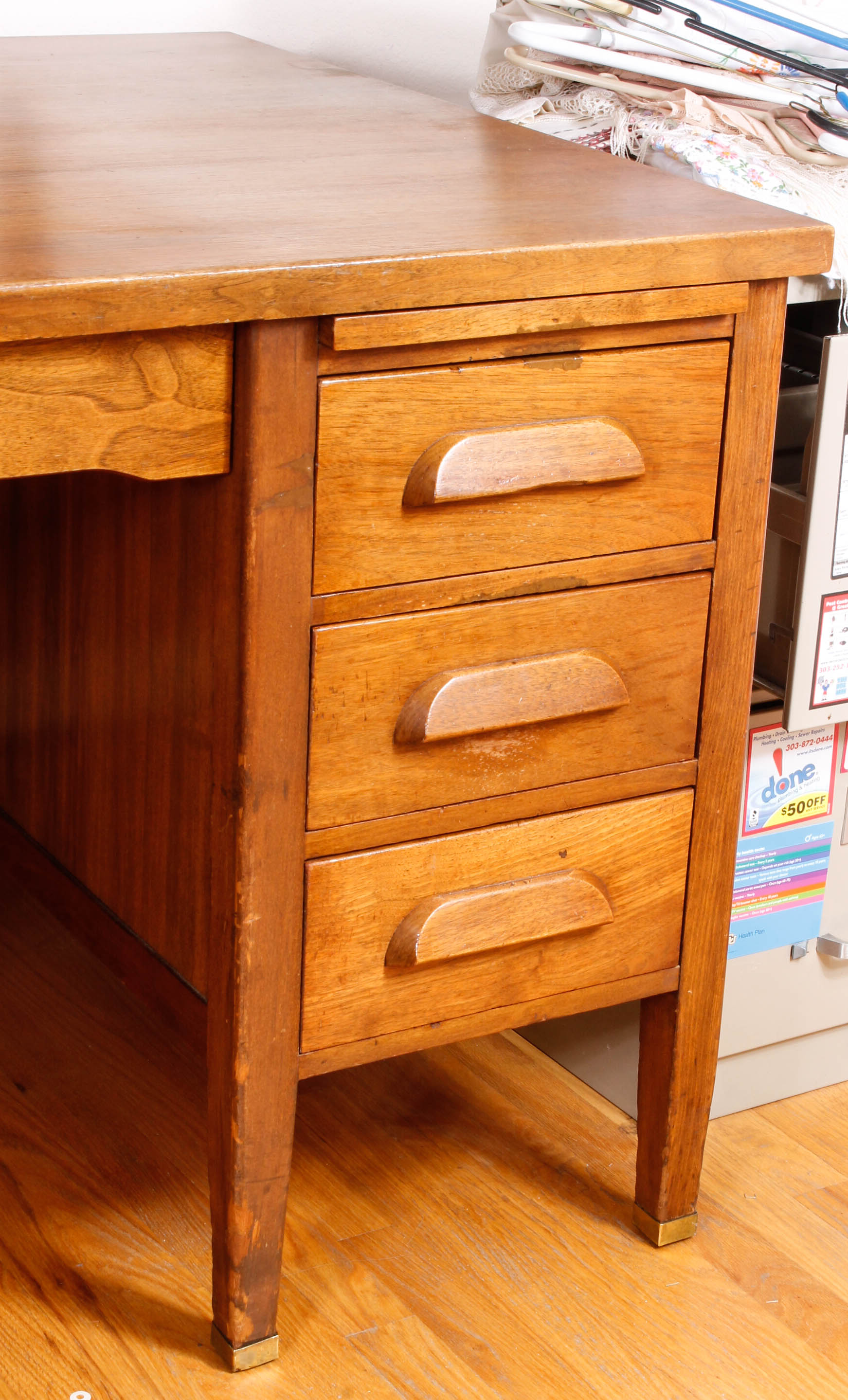 Large Vintage Wooden Desk with Upholstered Office Chair