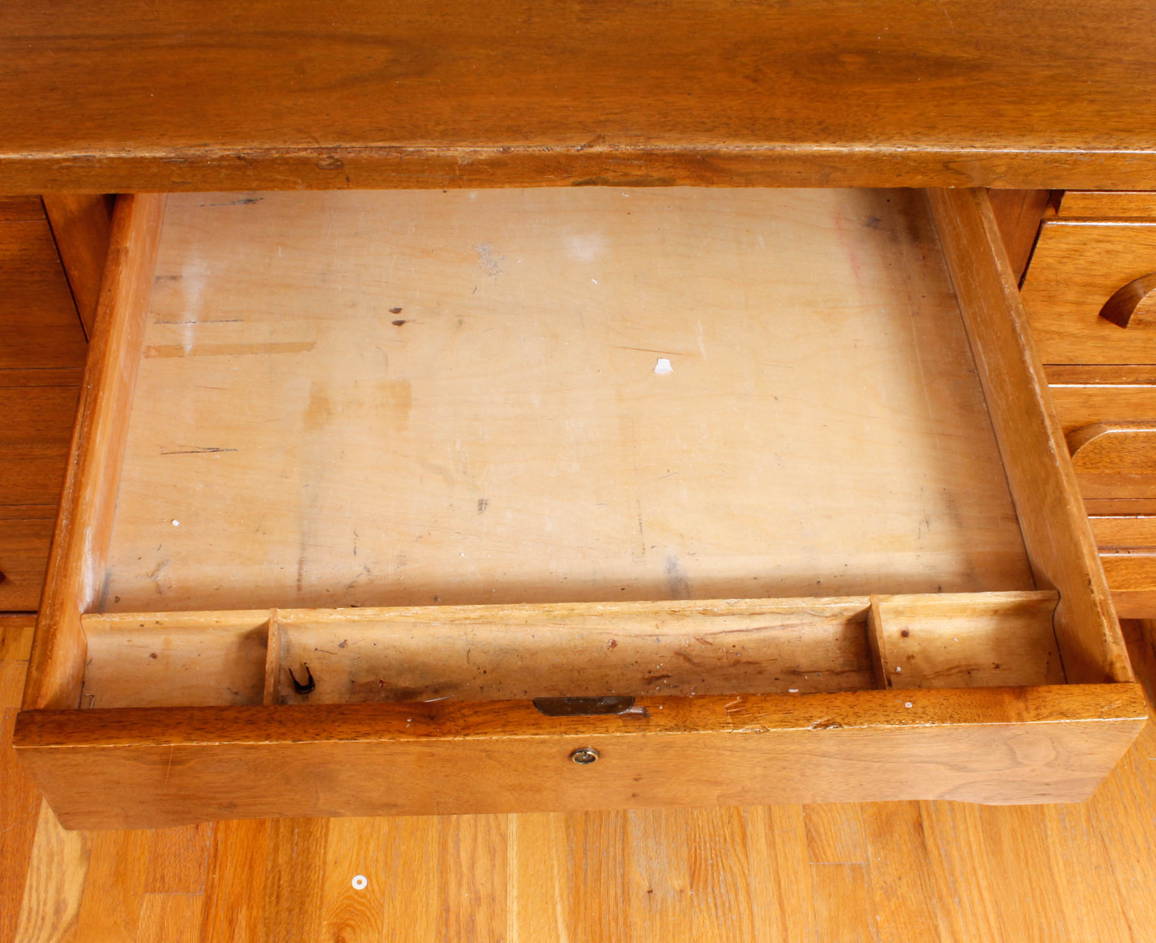 Large Vintage Wooden Desk with Upholstered Office Chair