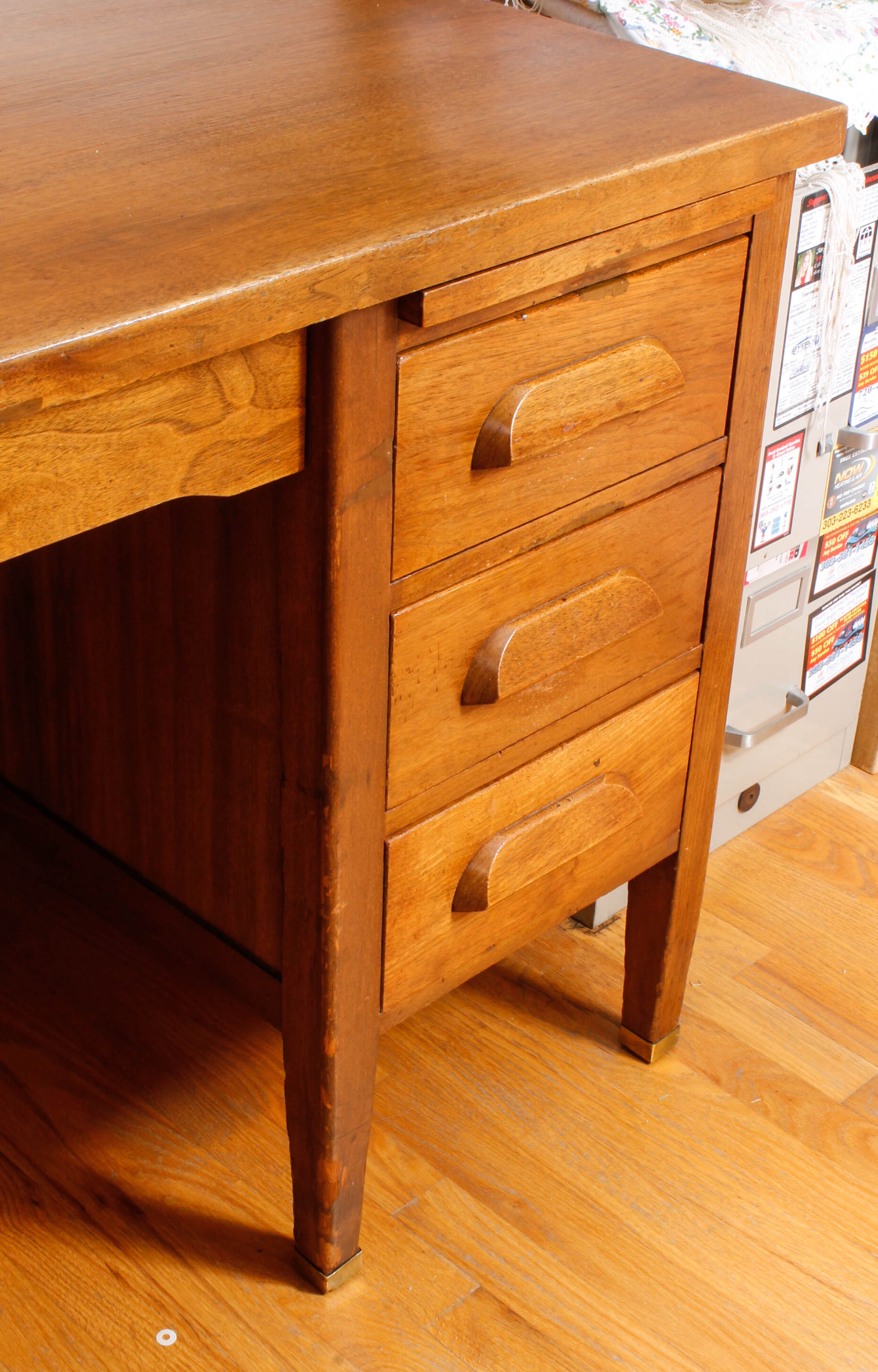 Large Vintage Wooden Desk with Upholstered Office Chair