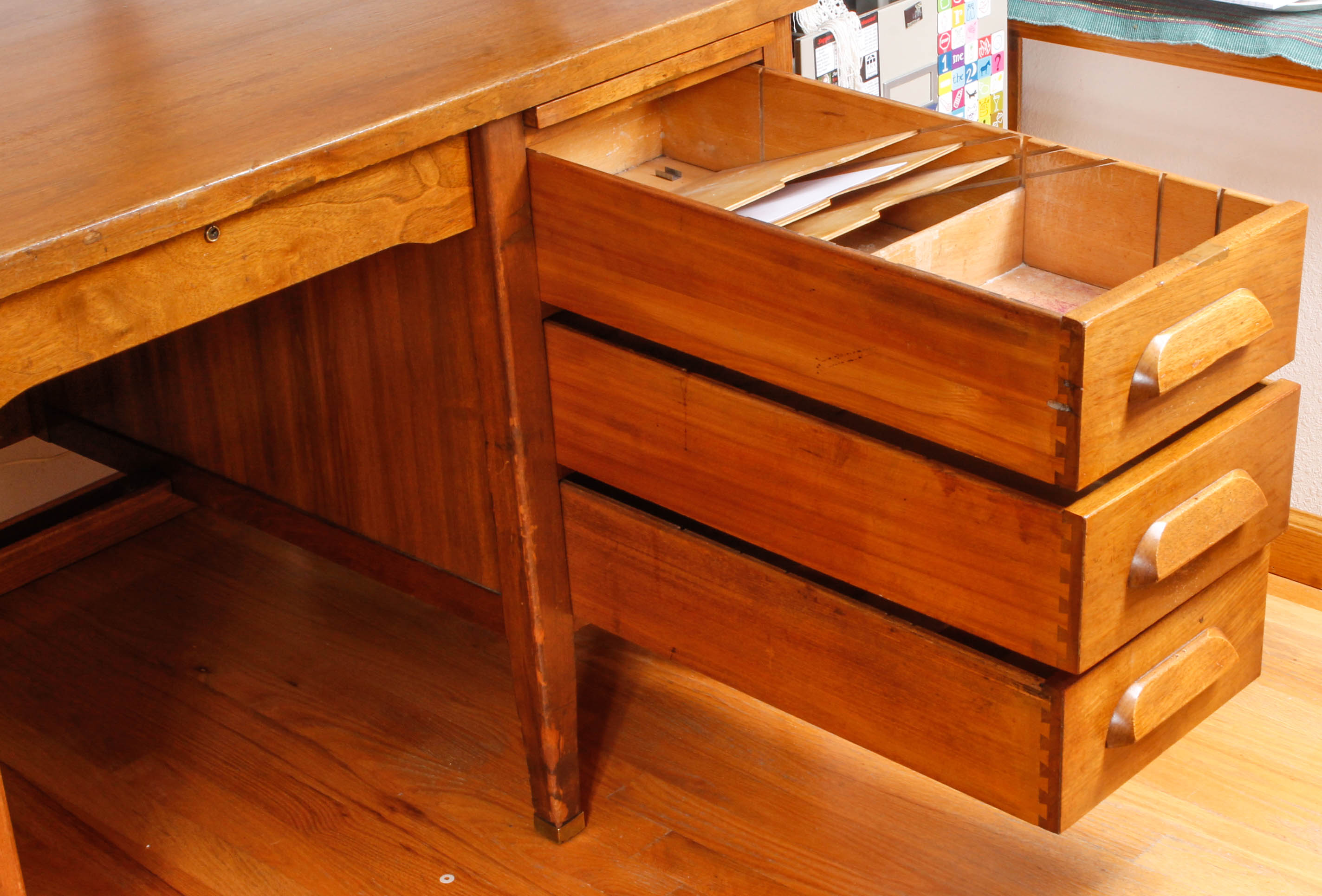 Large Vintage Wooden Desk with Upholstered Office Chair