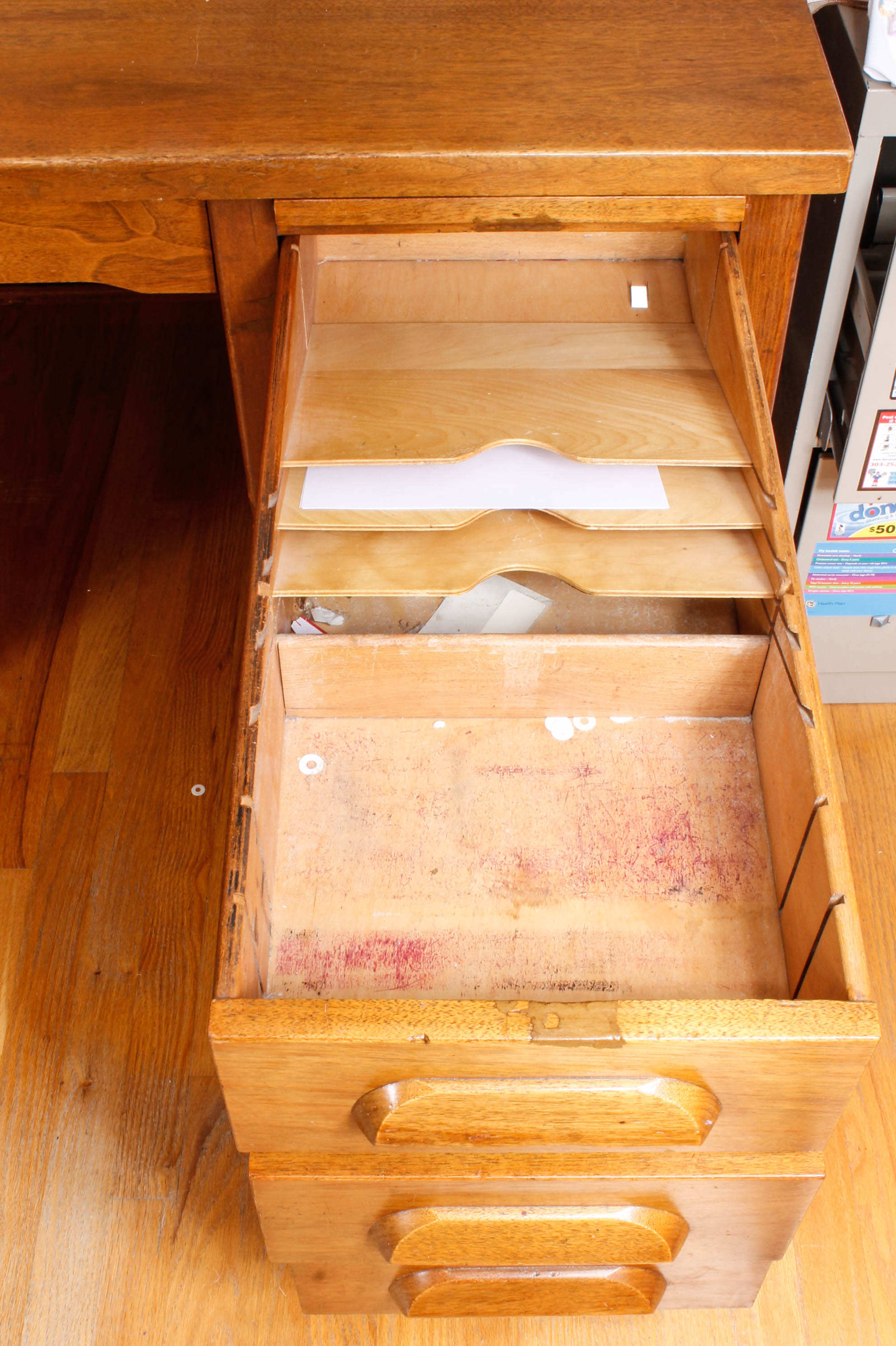 Large Vintage Wooden Desk with Upholstered Office Chair