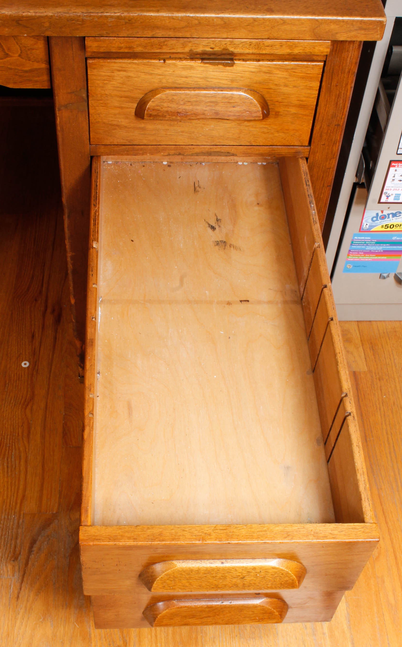 Large Vintage Wooden Desk with Upholstered Office Chair