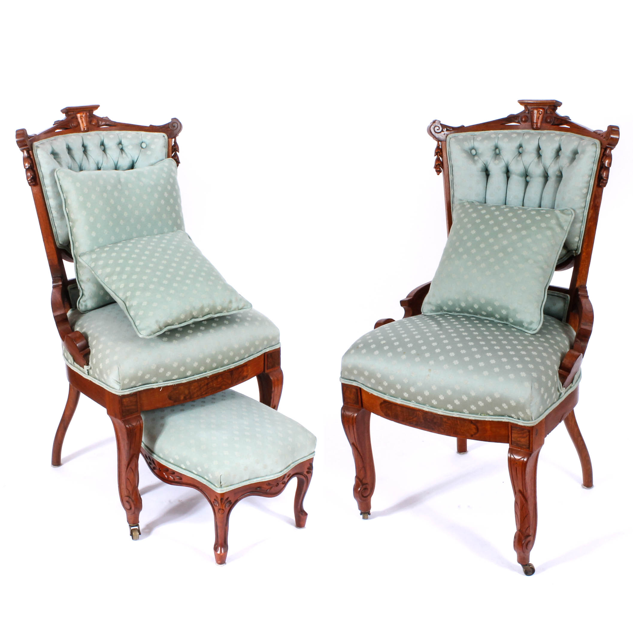 Pair of Carved and Upholstered Victorian Parlour Chairs with Matching Footrest