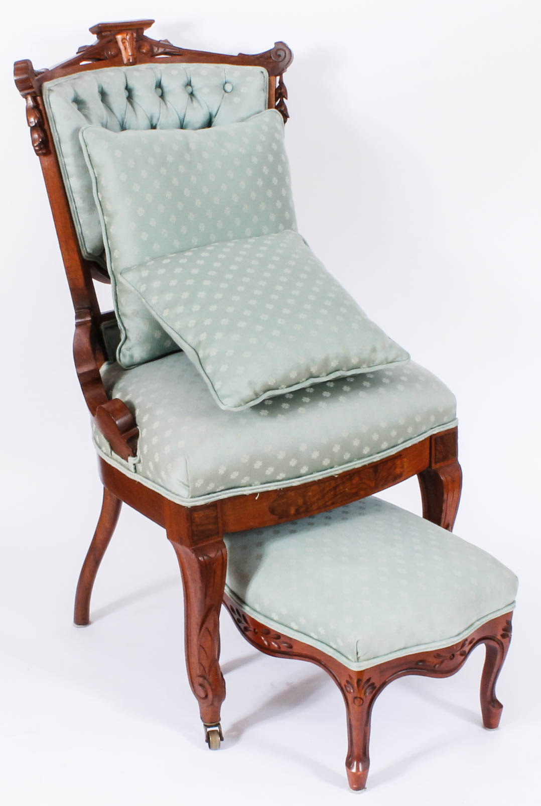 Pair of Carved and Upholstered Victorian Parlour Chairs with Matching Footrest