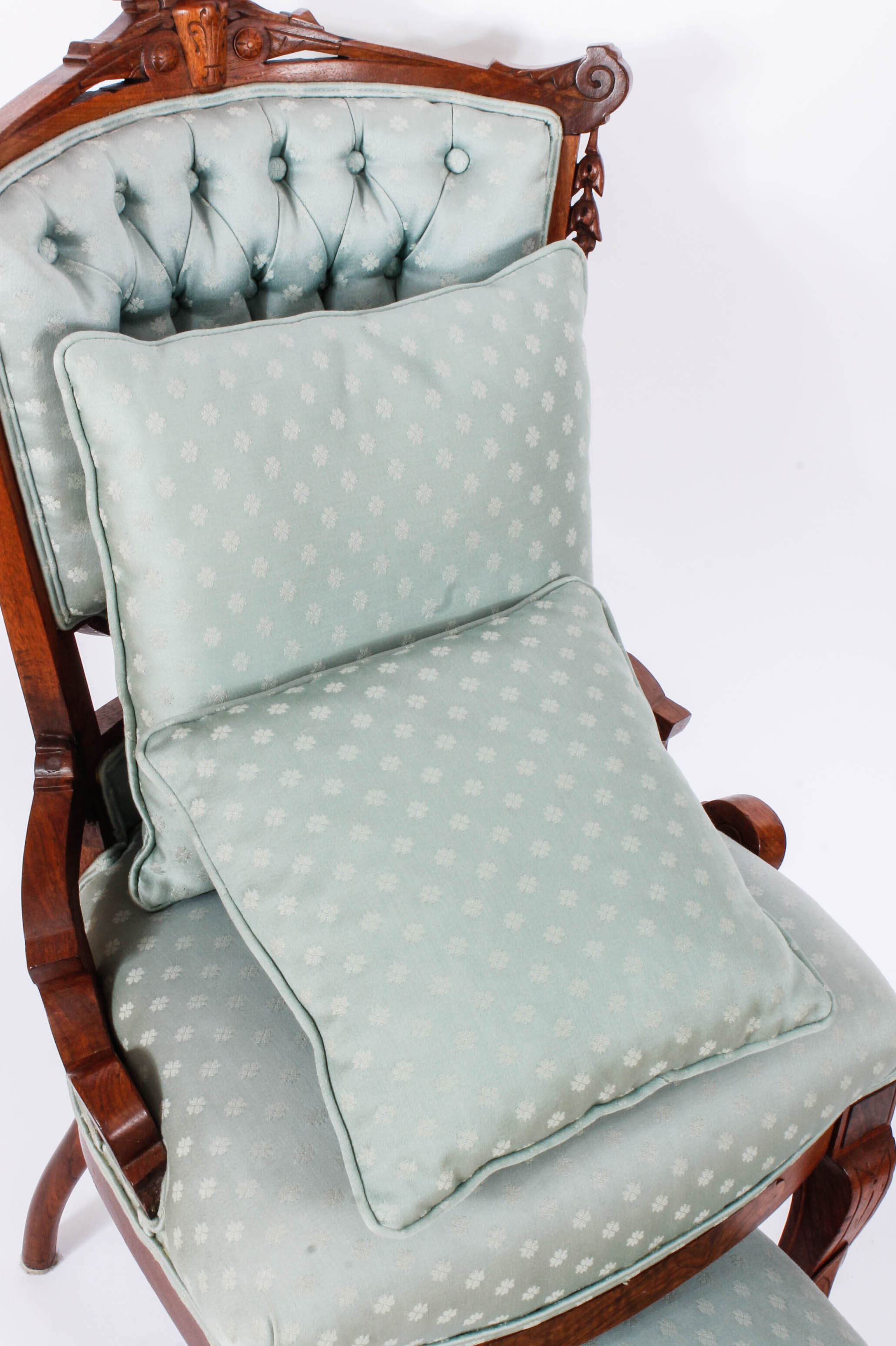 Pair of Carved and Upholstered Victorian Parlour Chairs with Matching Footrest