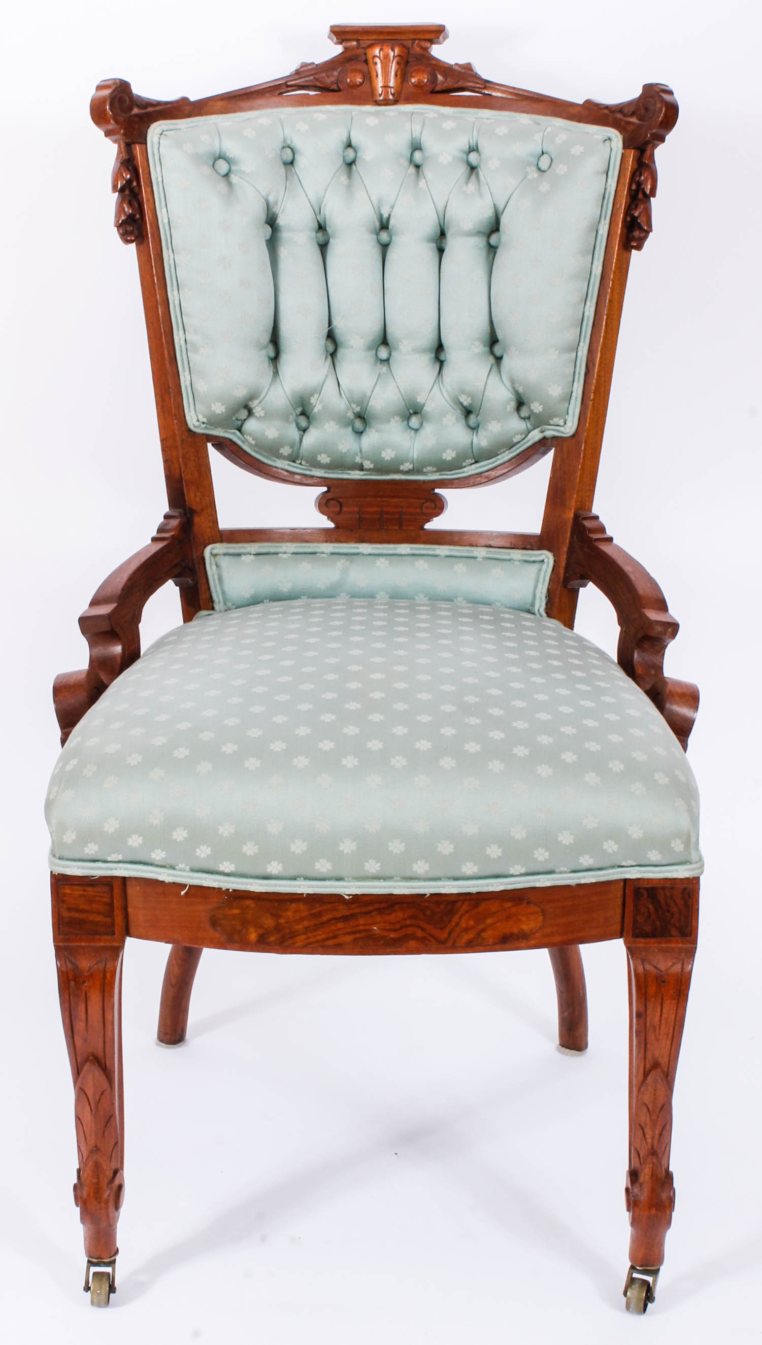 Pair of Carved and Upholstered Victorian Parlour Chairs with Matching Footrest
