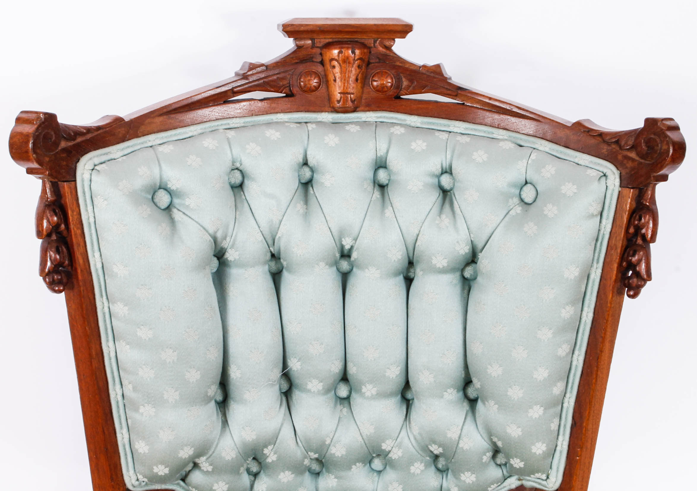 Pair of Carved and Upholstered Victorian Parlour Chairs with Matching Footrest