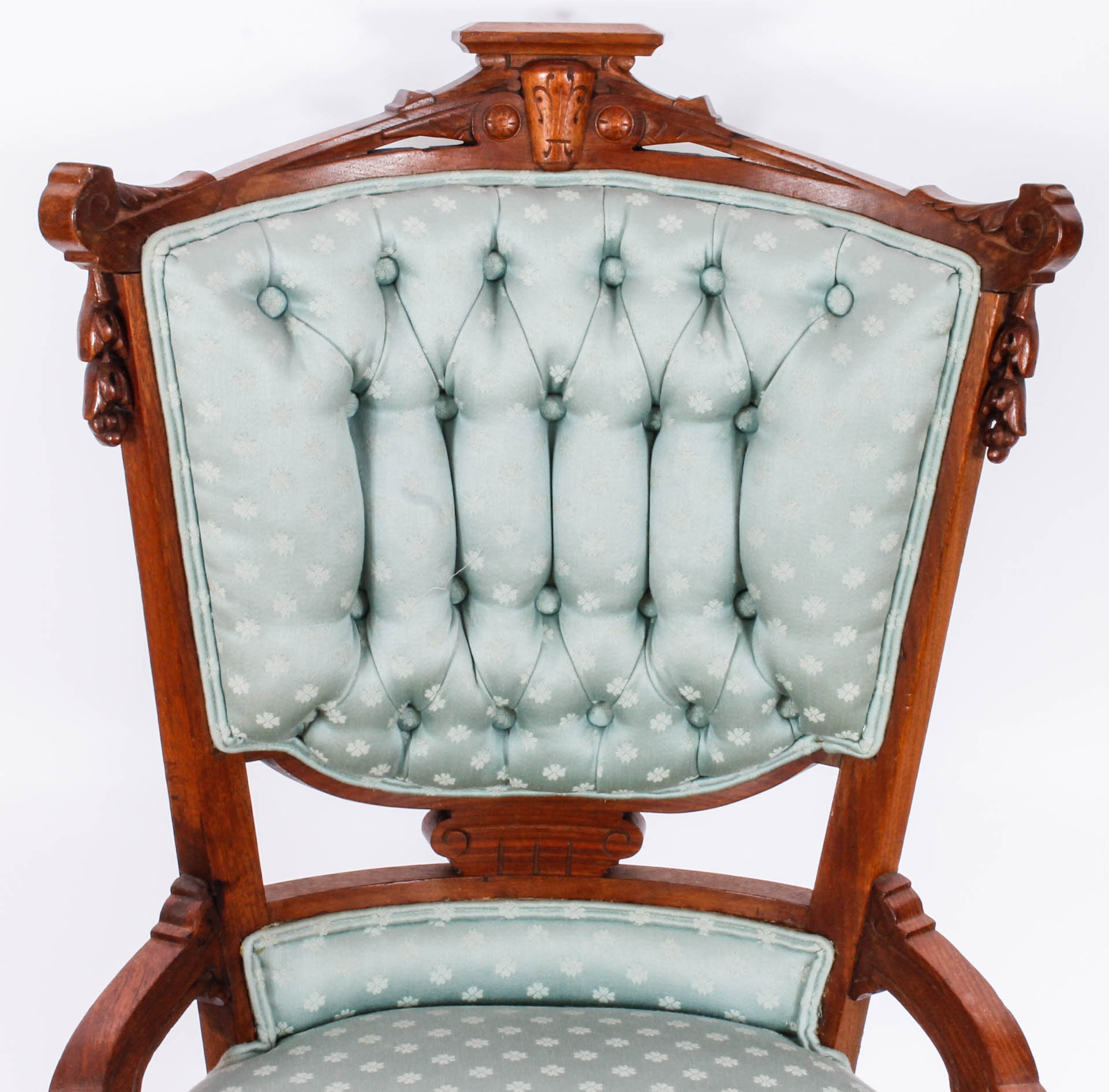 Pair of Carved and Upholstered Victorian Parlour Chairs with Matching Footrest
