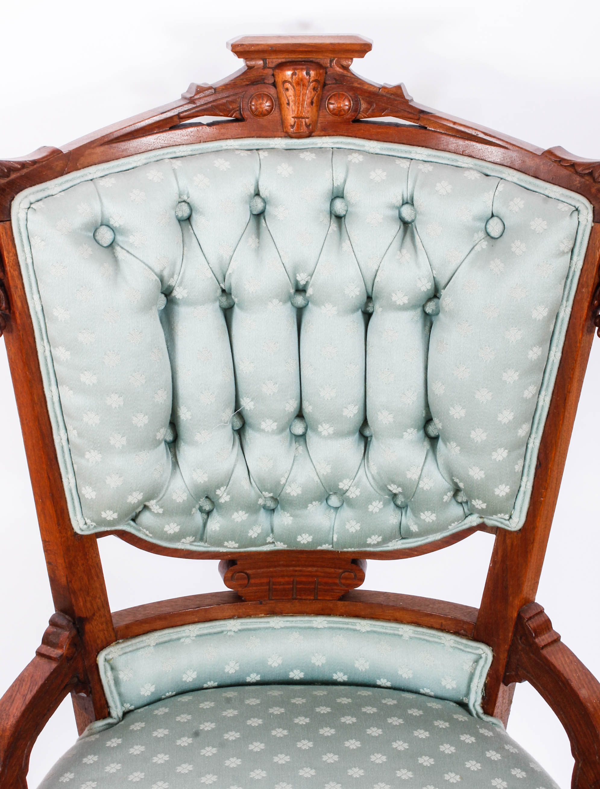 Pair of Carved and Upholstered Victorian Parlour Chairs with Matching Footrest