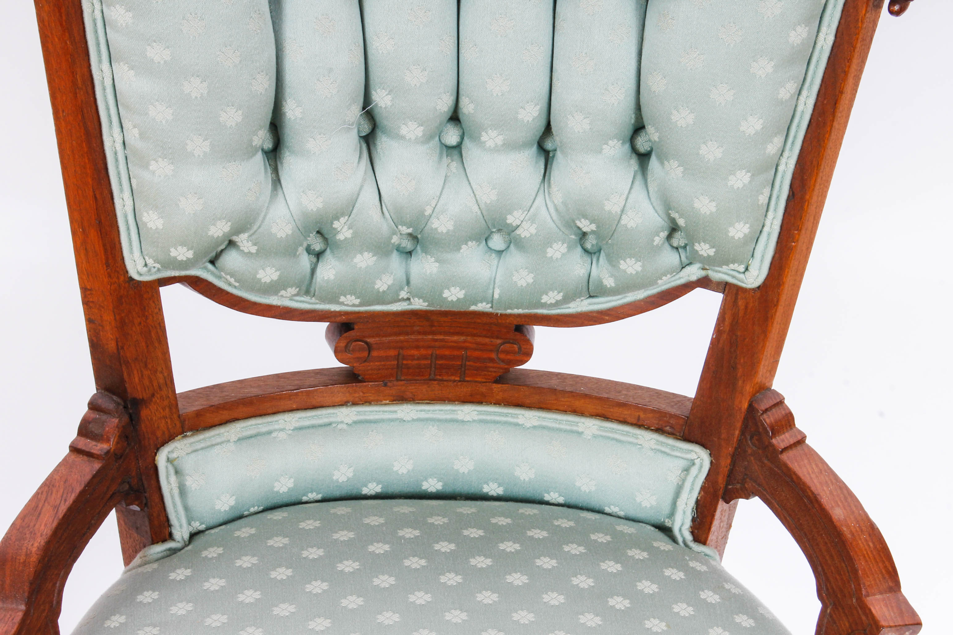 Pair of Carved and Upholstered Victorian Parlour Chairs with Matching Footrest