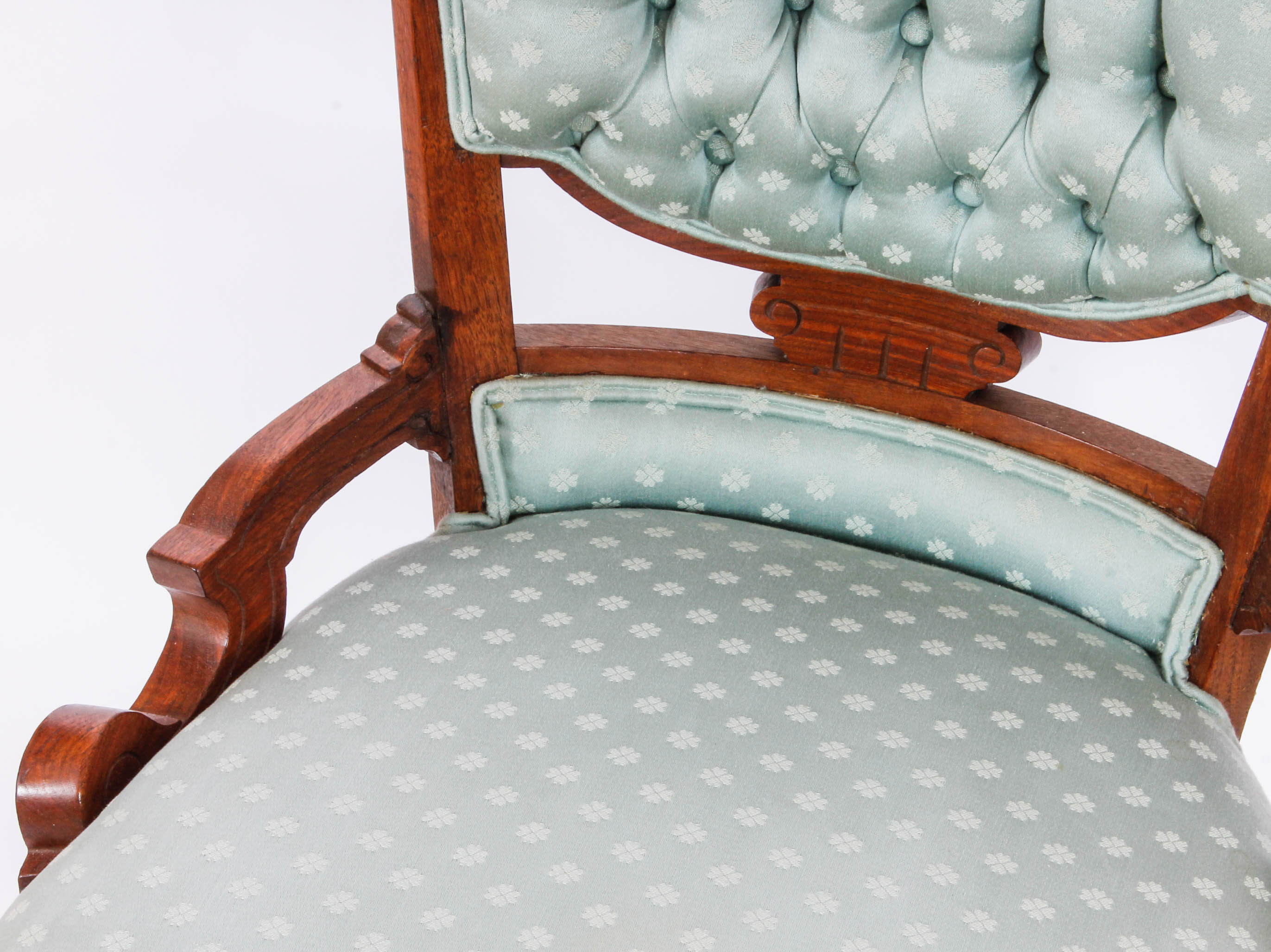 Pair of Carved and Upholstered Victorian Parlour Chairs with Matching Footrest
