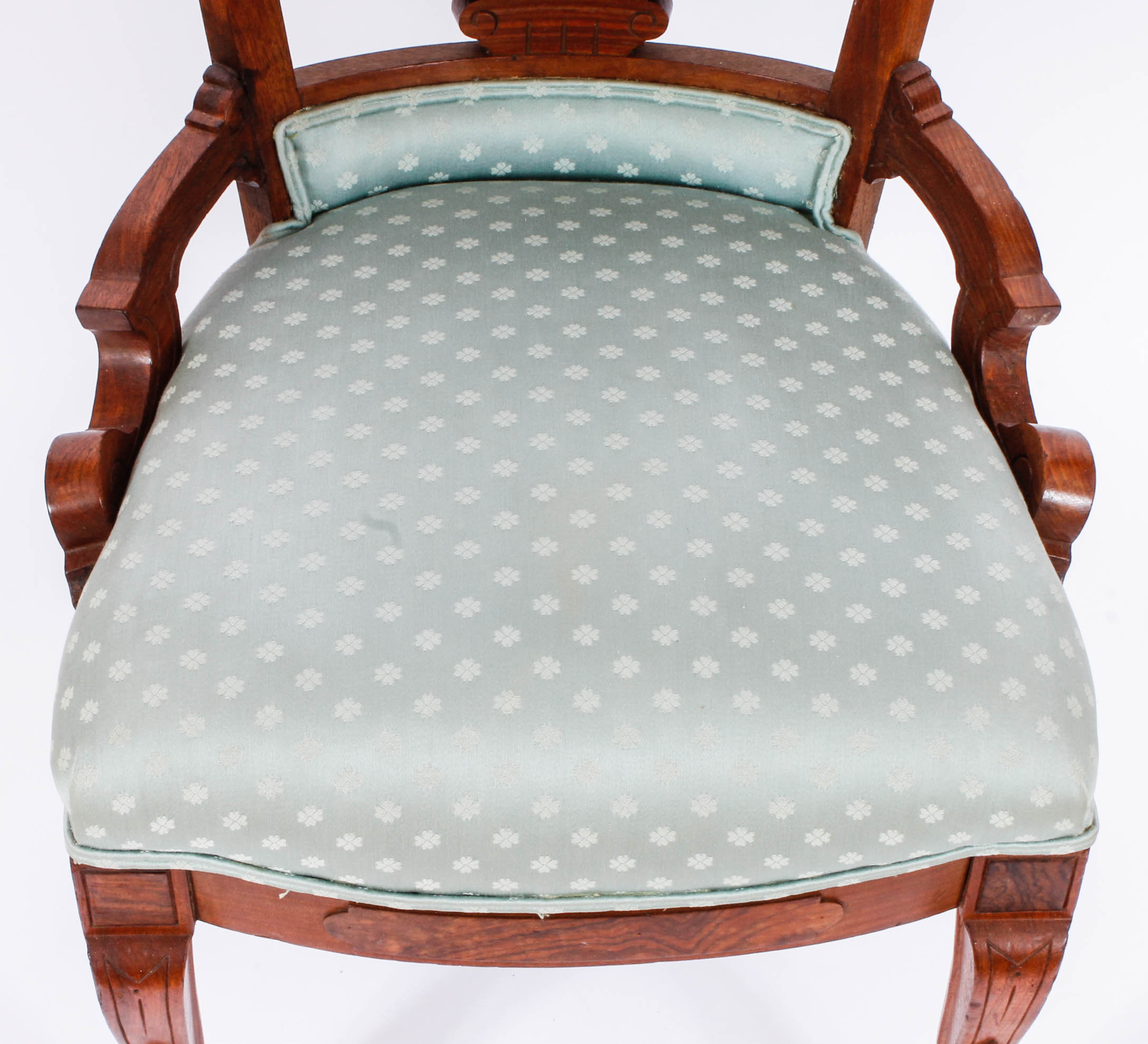 Pair of Carved and Upholstered Victorian Parlour Chairs with Matching Footrest