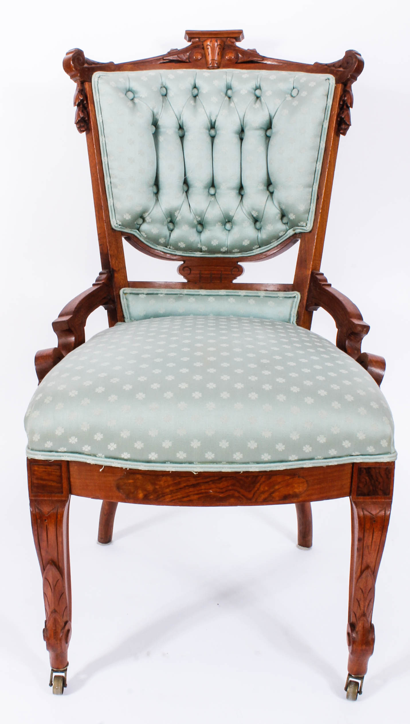 Pair of Carved and Upholstered Victorian Parlour Chairs with Matching Footrest