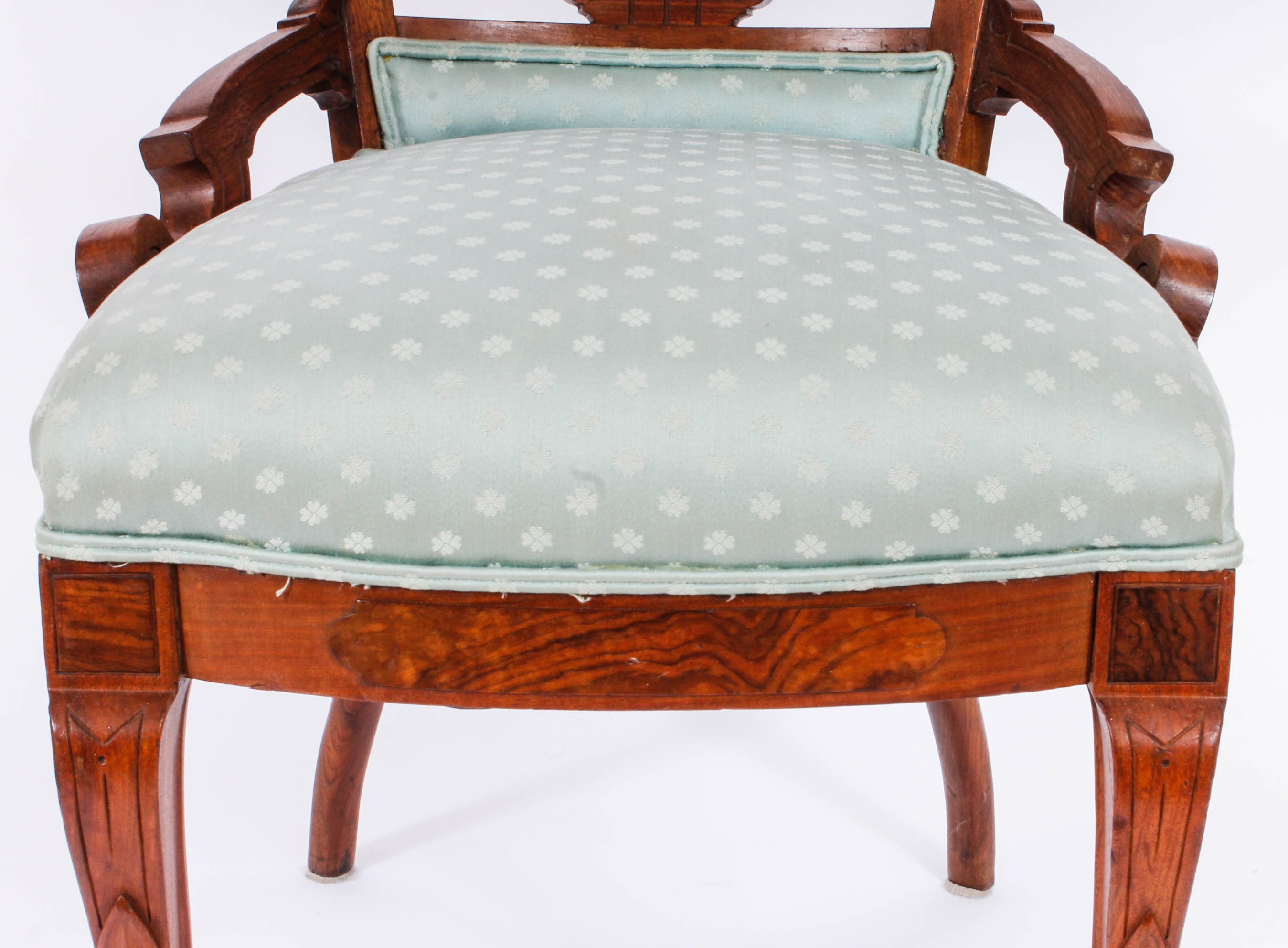 Pair of Carved and Upholstered Victorian Parlour Chairs with Matching Footrest