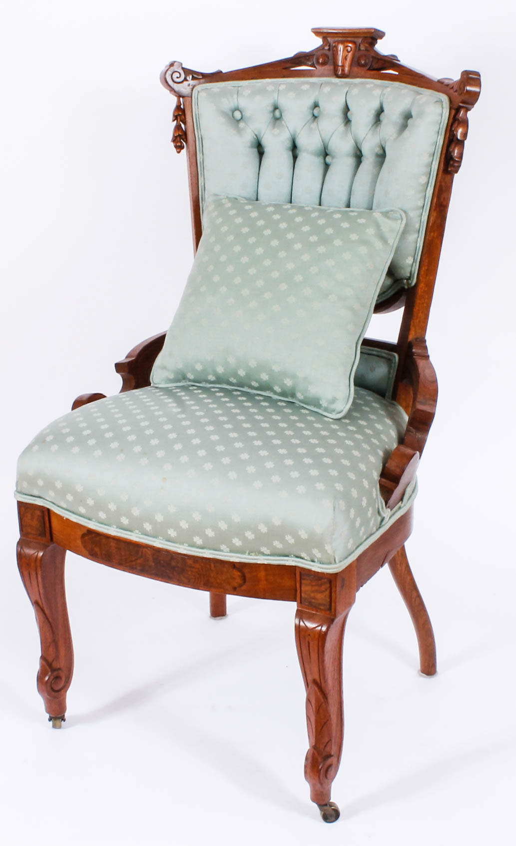 Pair of Carved and Upholstered Victorian Parlour Chairs with Matching Footrest