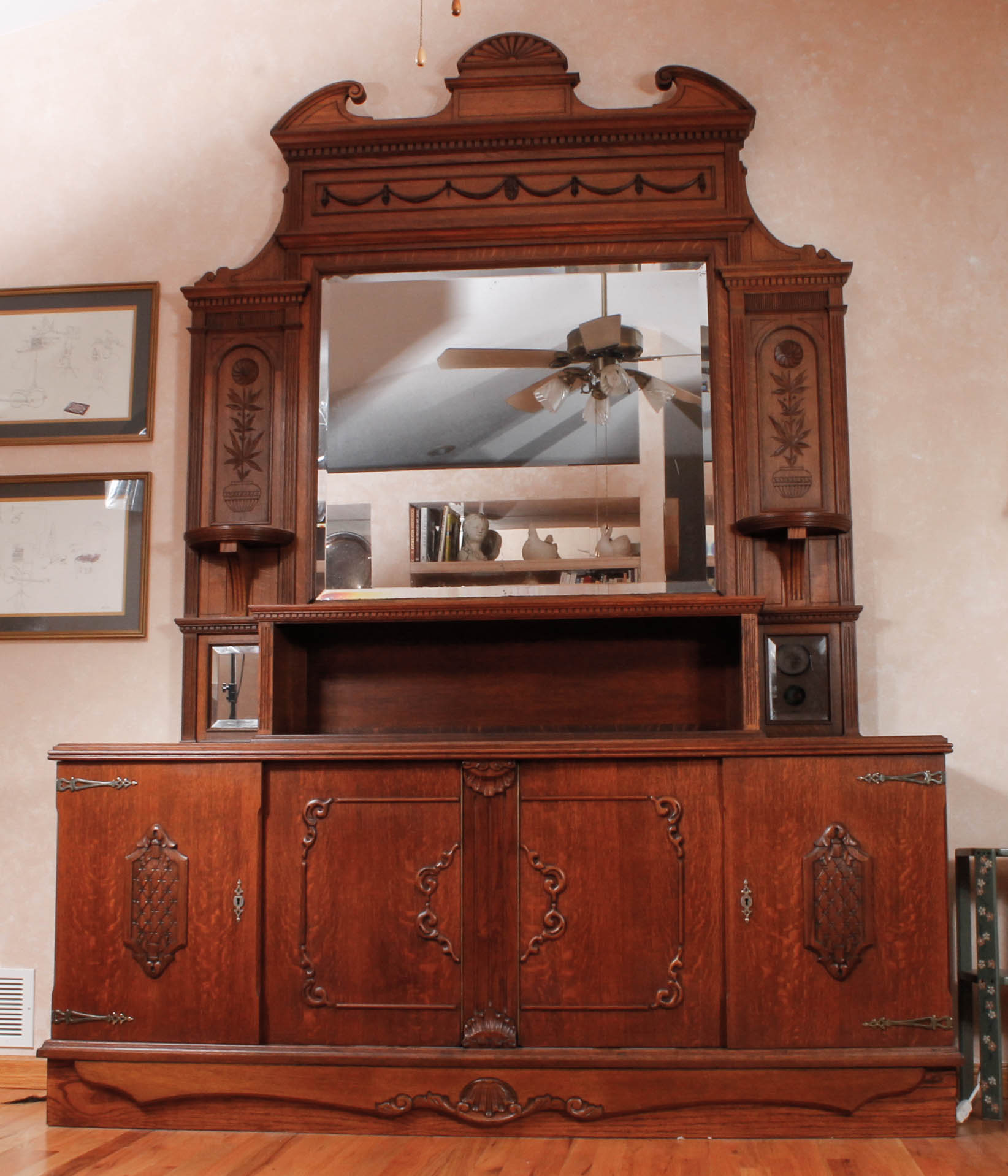 Antique European Carved Oak Entryway Credenza With Mirror