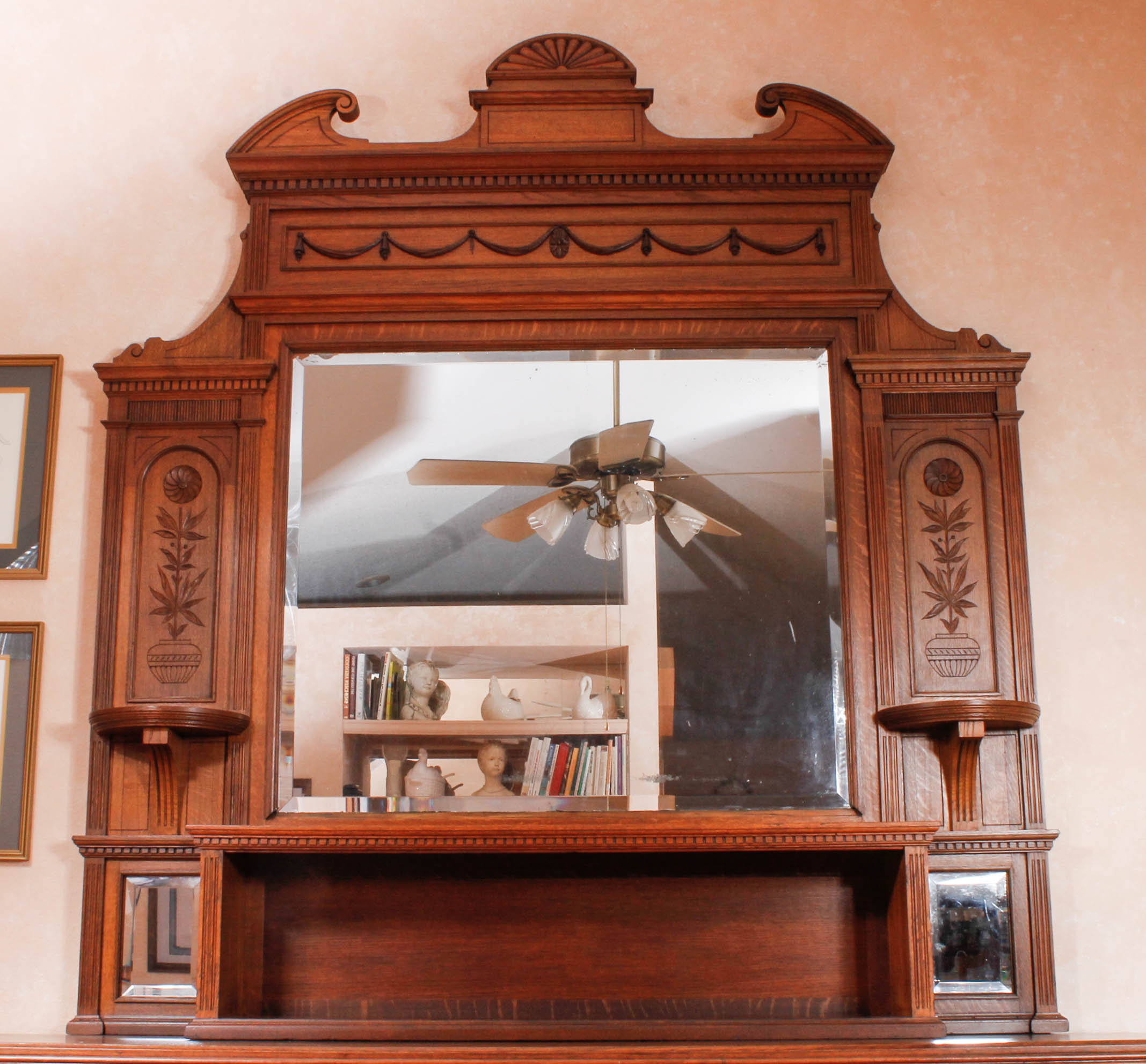 Antique European Carved Oak Entryway Credenza With Mirror