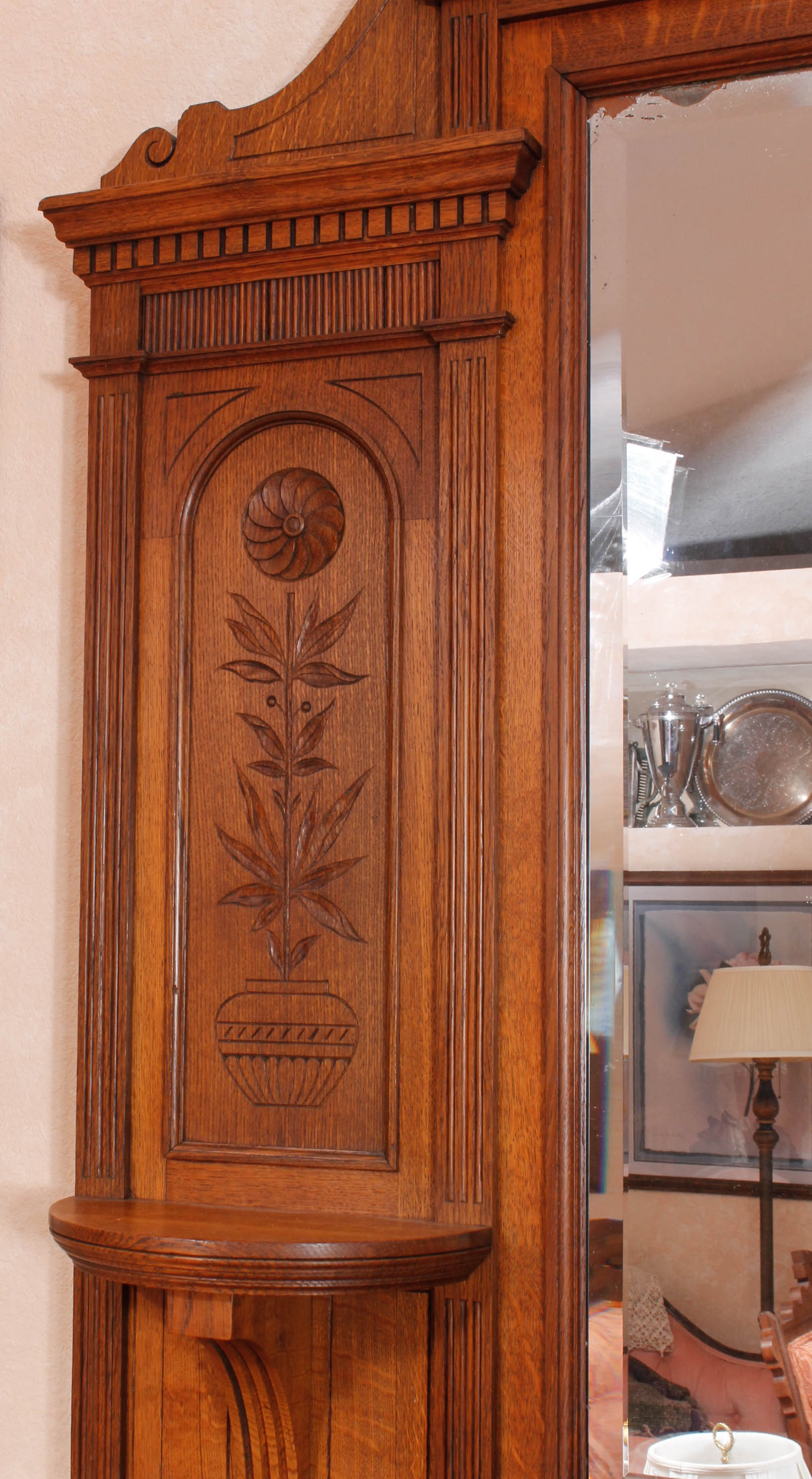 Antique European Carved Oak Entryway Credenza With Mirror