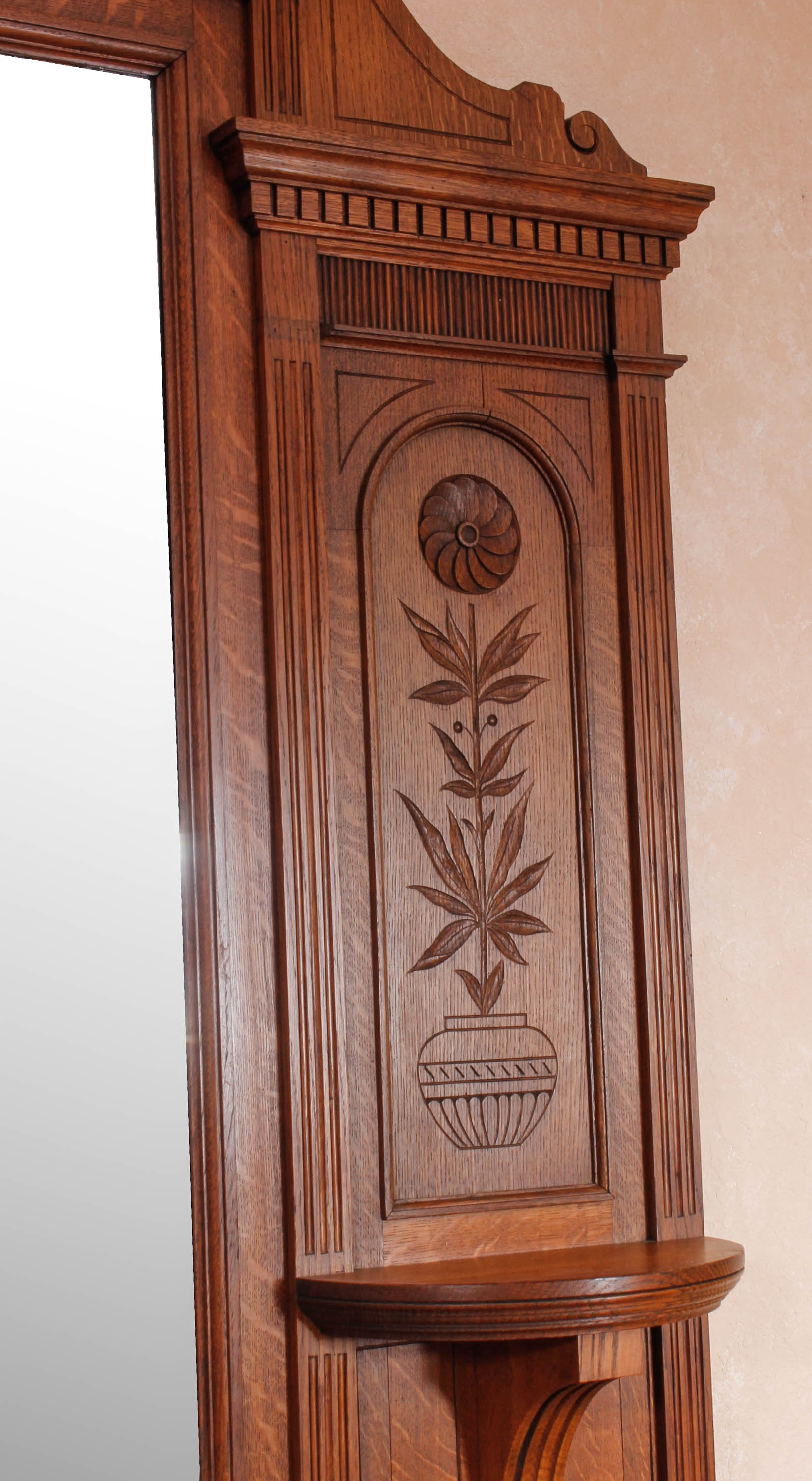 Antique European Carved Oak Entryway Credenza With Mirror