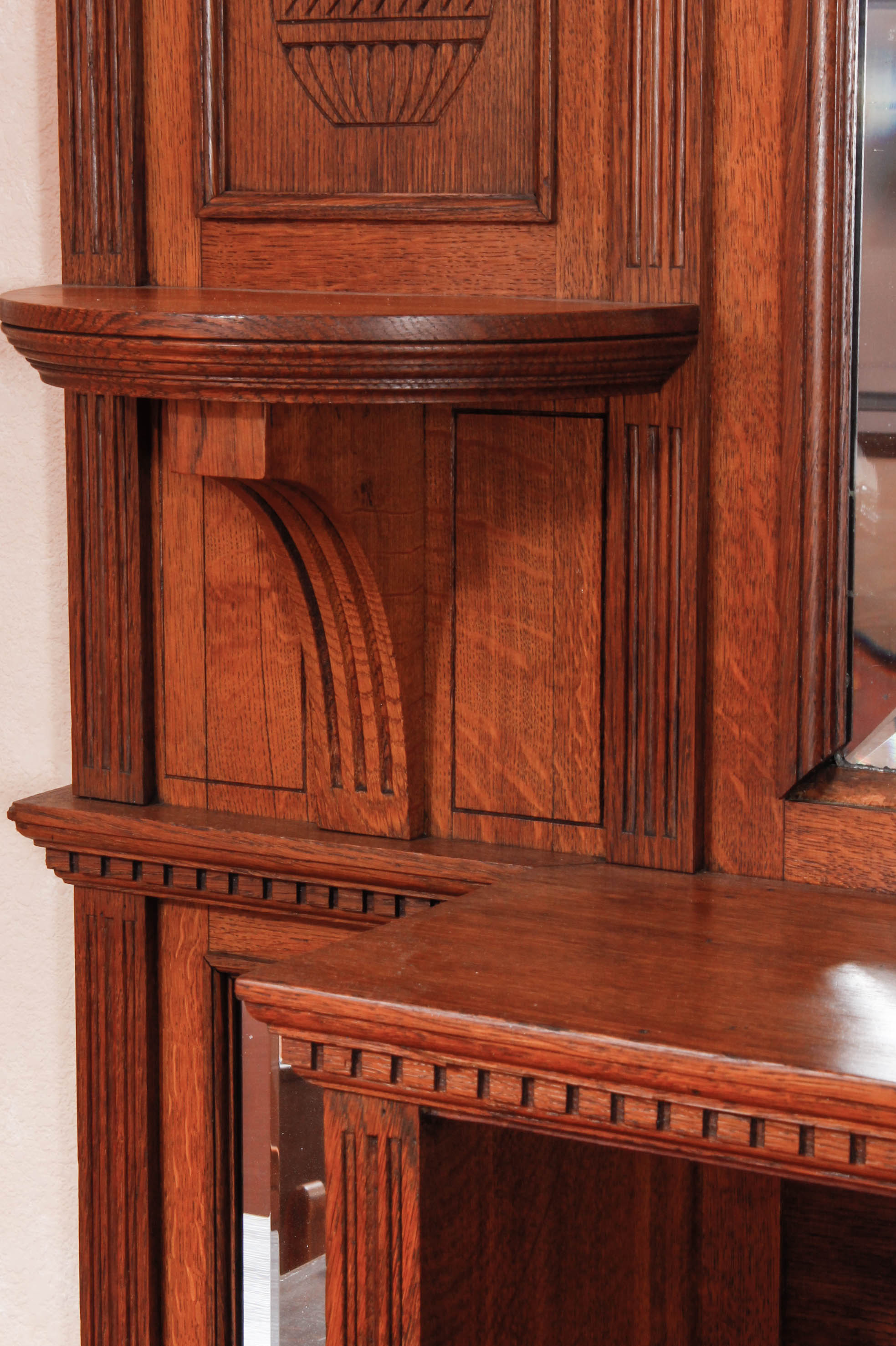 Antique European Carved Oak Entryway Credenza With Mirror