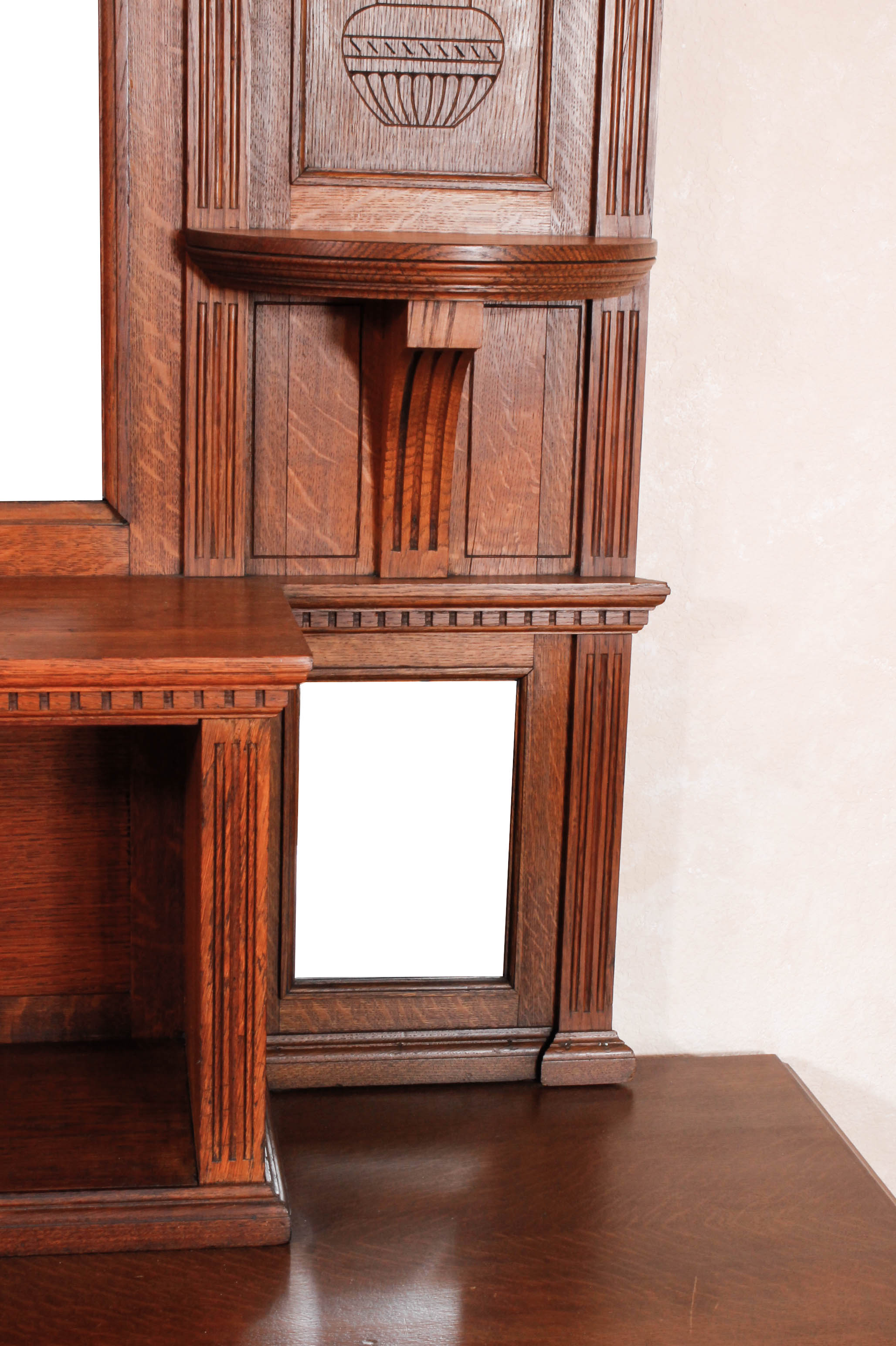 Antique European Carved Oak Entryway Credenza With Mirror