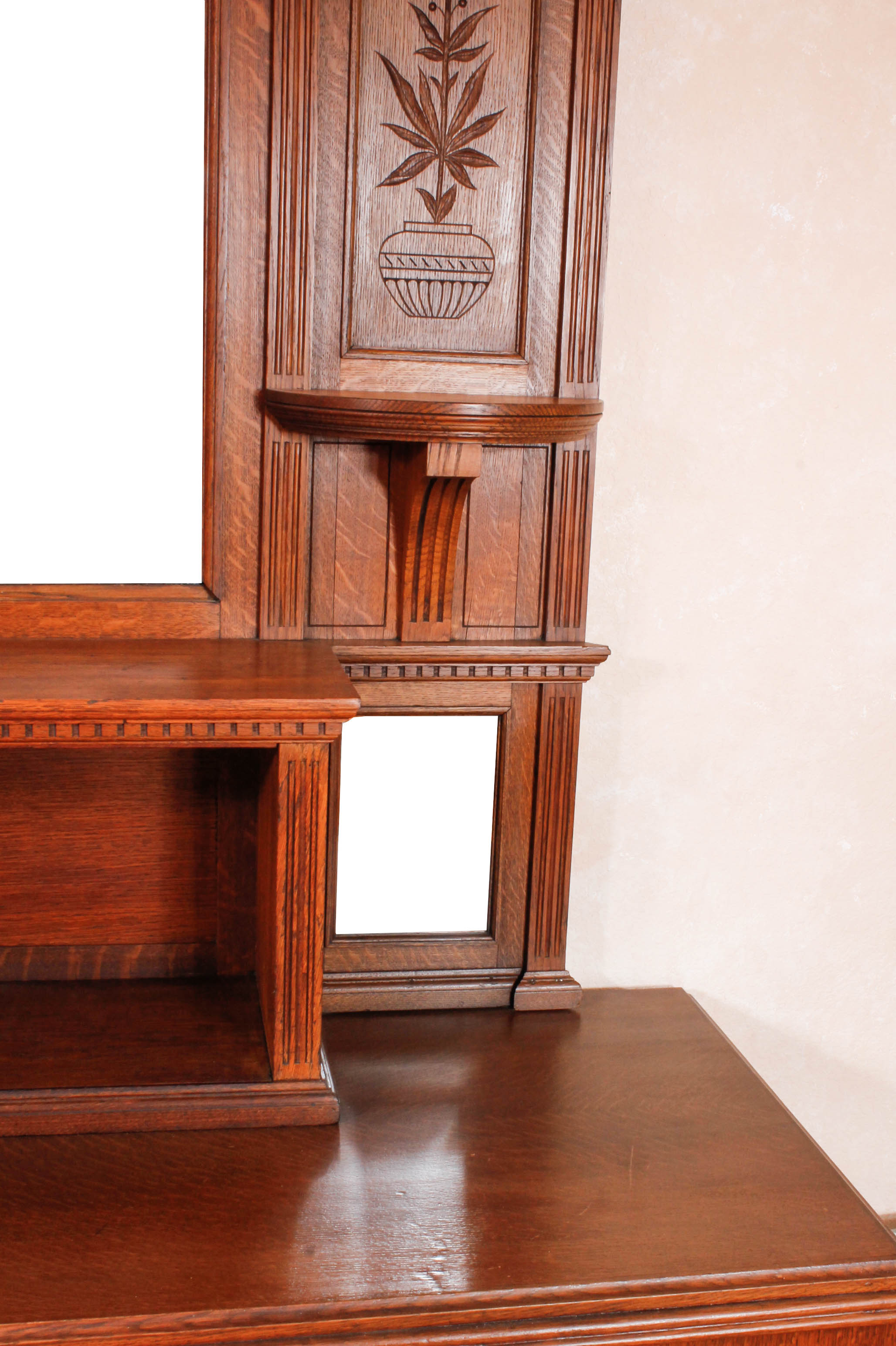 Antique European Carved Oak Entryway Credenza With Mirror