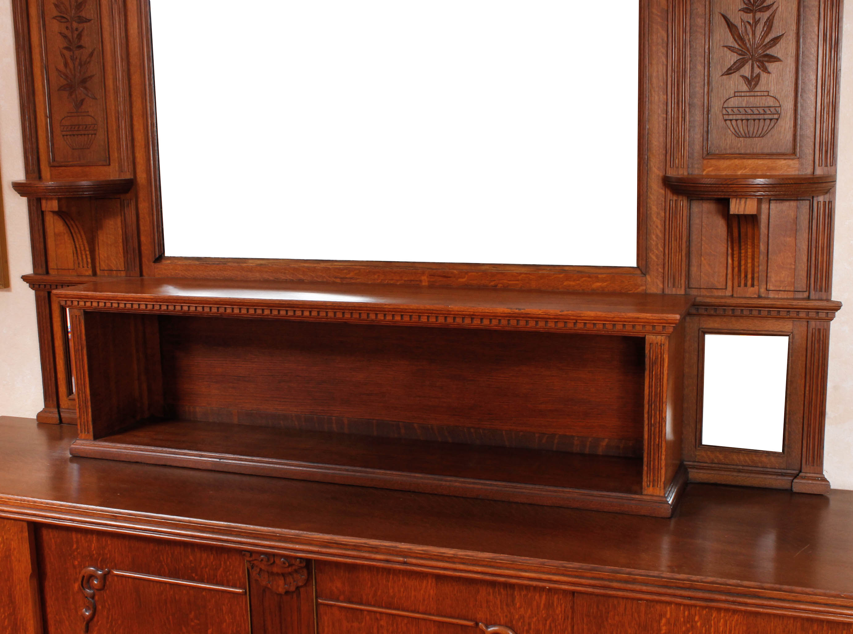 Antique European Carved Oak Entryway Credenza With Mirror