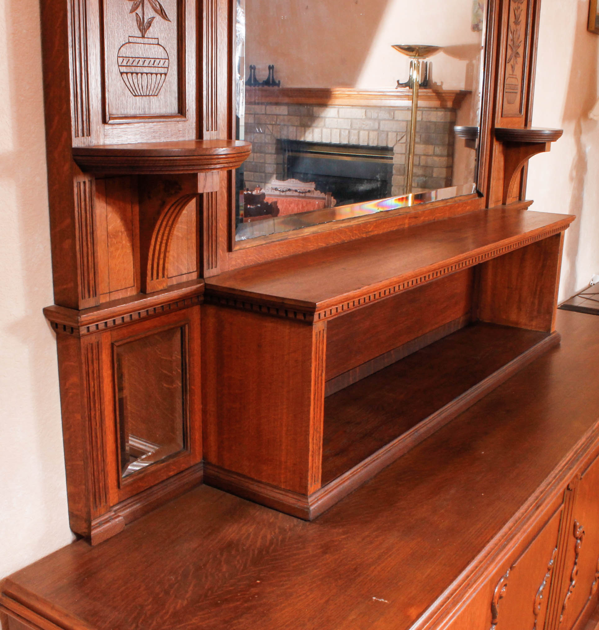 Antique European Carved Oak Entryway Credenza With Mirror