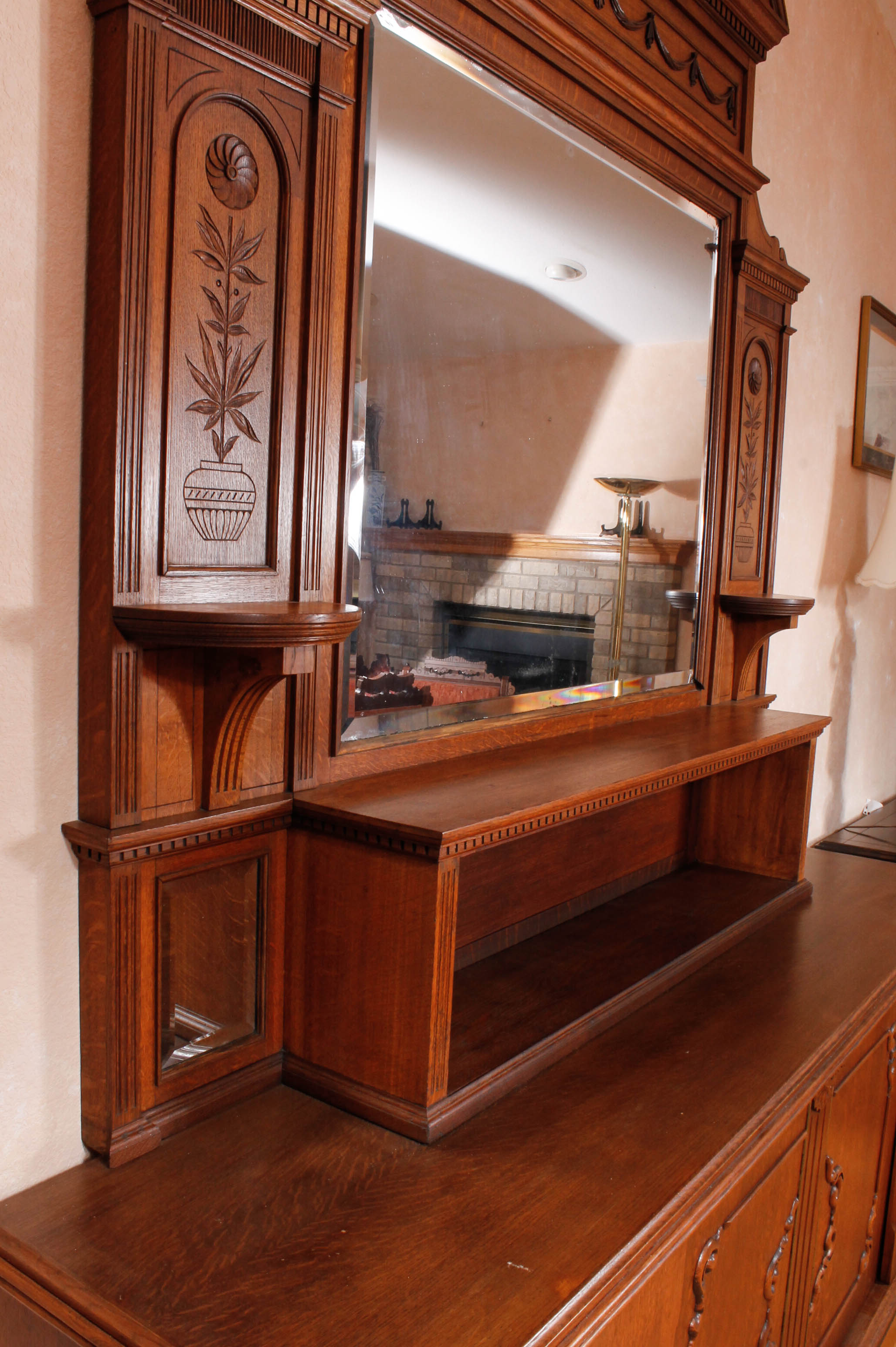 Antique European Carved Oak Entryway Credenza With Mirror