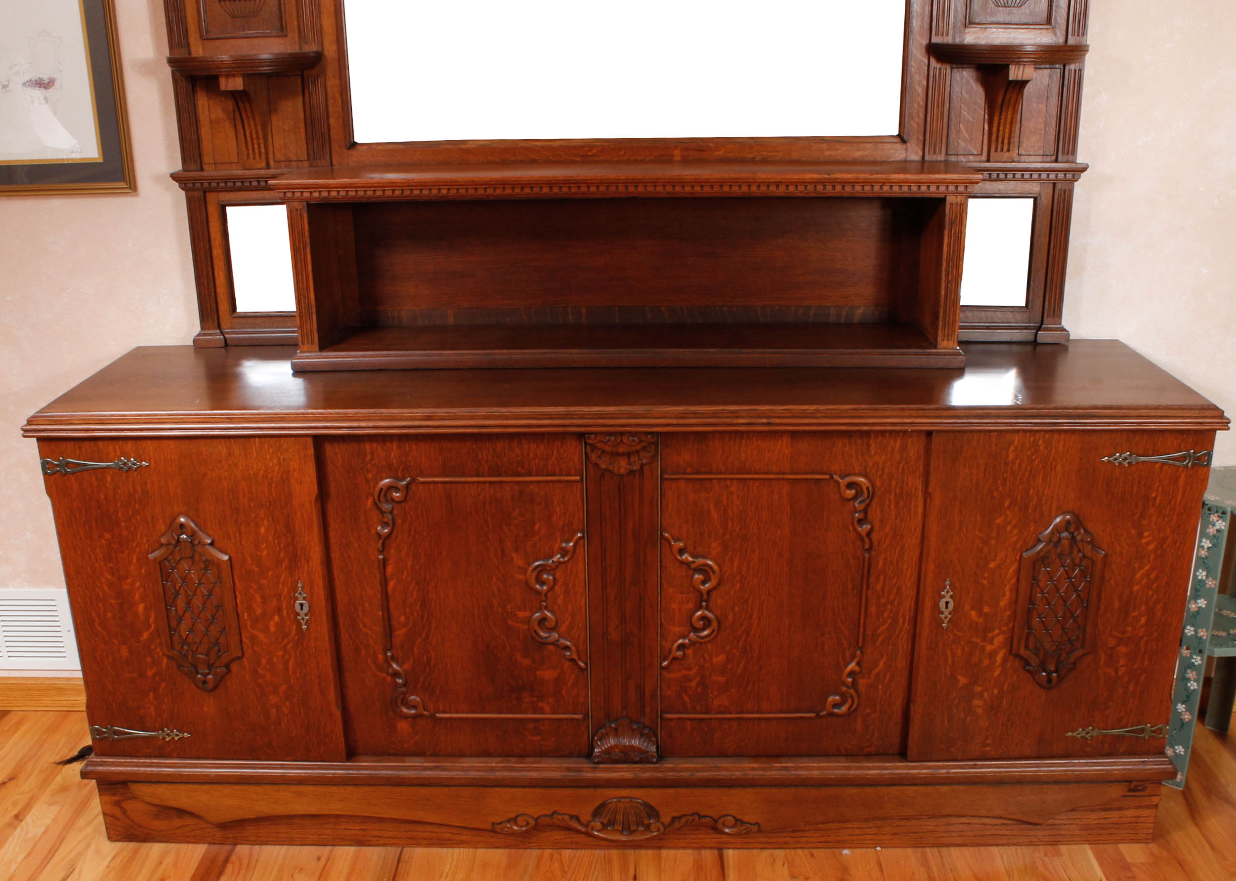 Antique European Carved Oak Entryway Credenza With Mirror