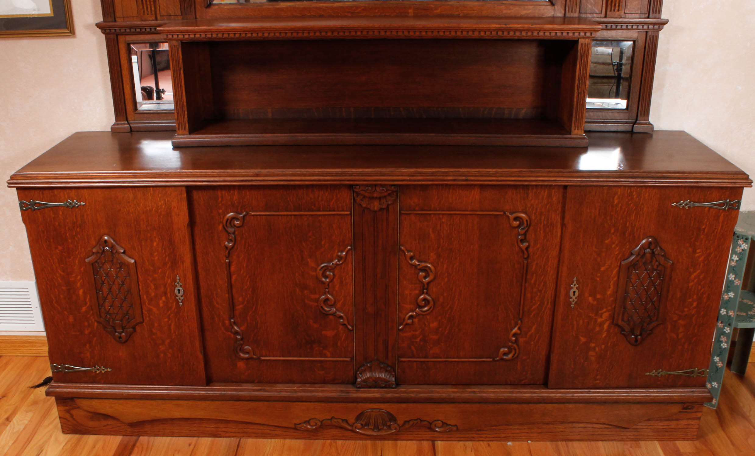 Antique European Carved Oak Entryway Credenza With Mirror
