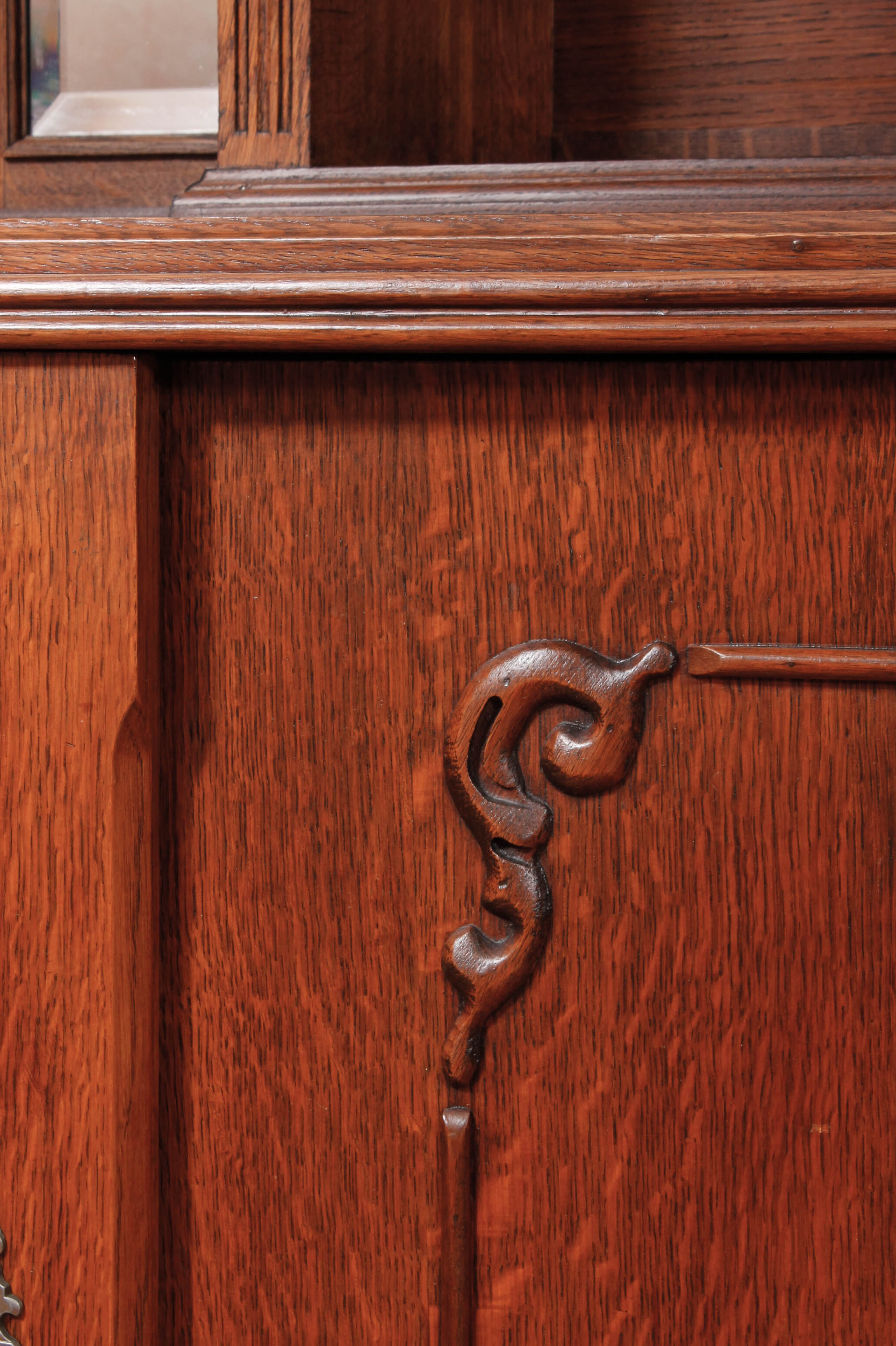 Antique European Carved Oak Entryway Credenza With Mirror
