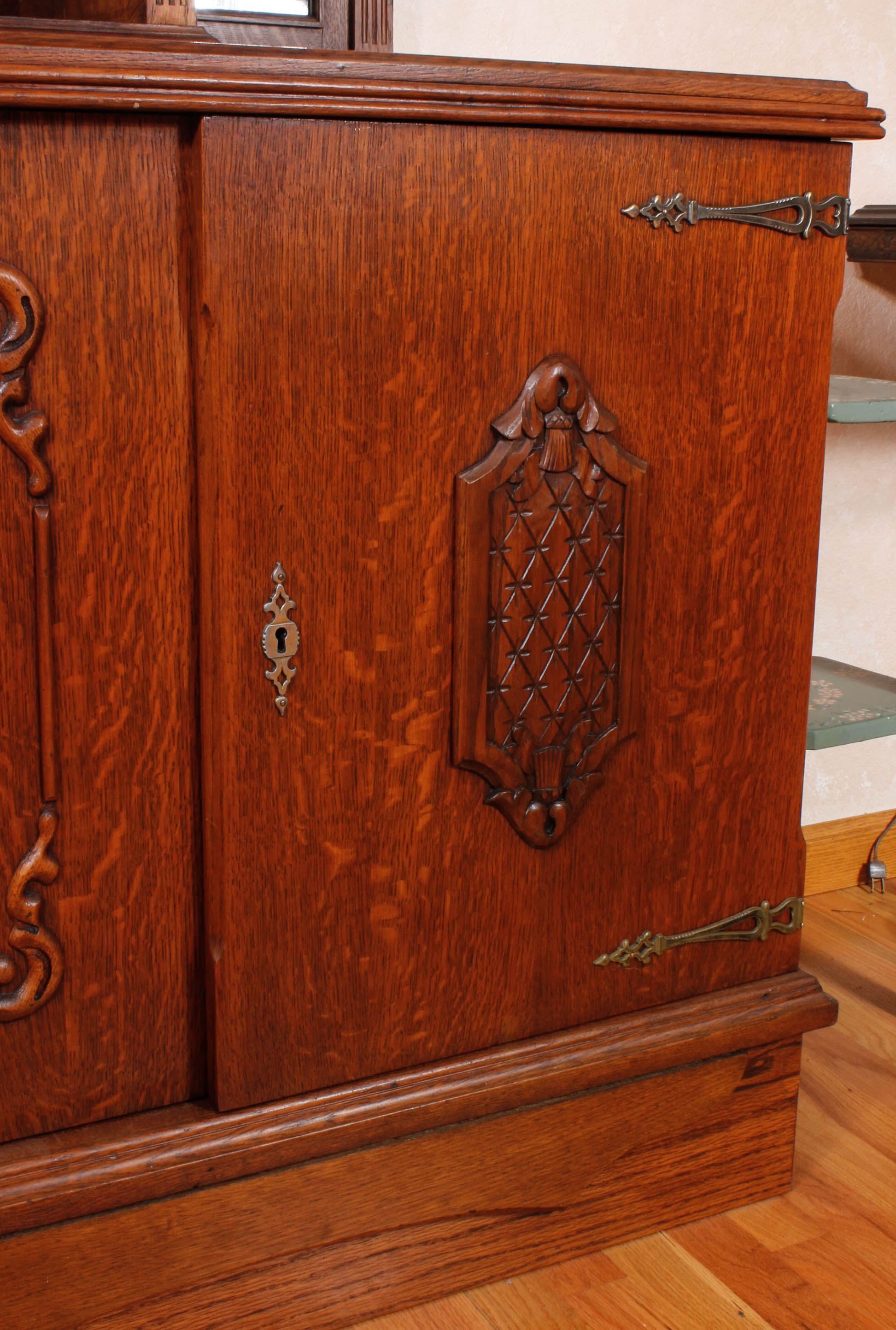 Antique European Carved Oak Entryway Credenza With Mirror