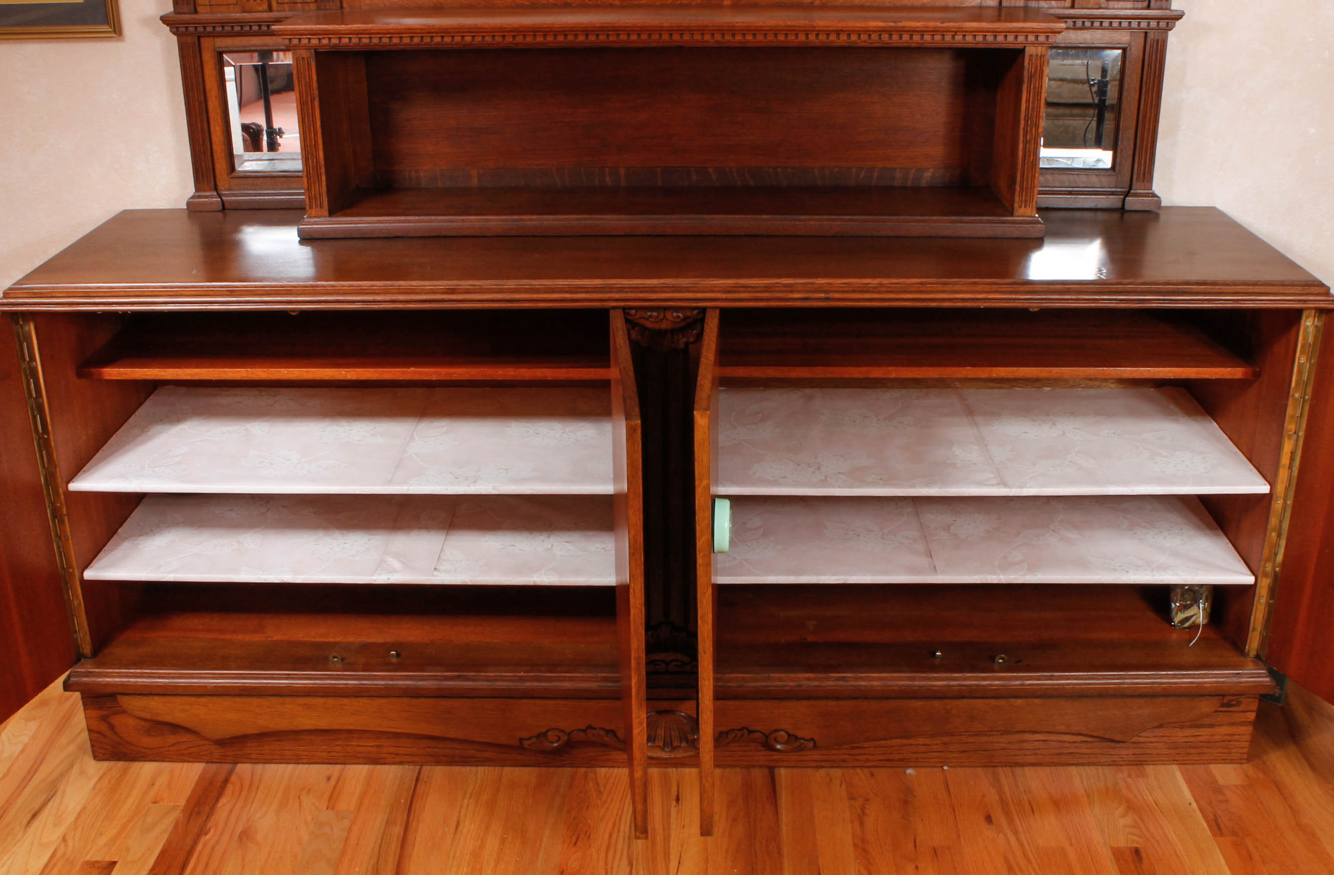 Antique European Carved Oak Entryway Credenza With Mirror