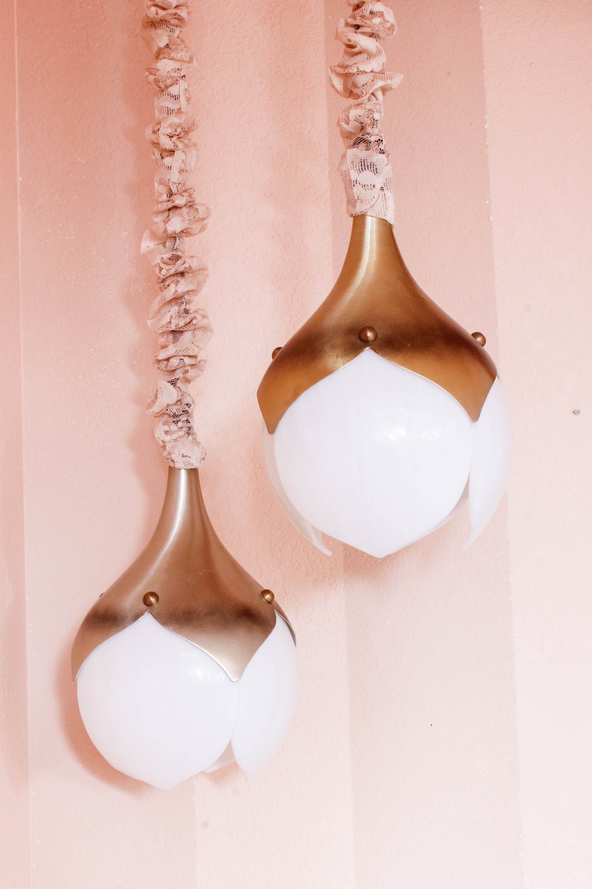 Pair of Mid-Century Metal and Glass Hanging Lamps