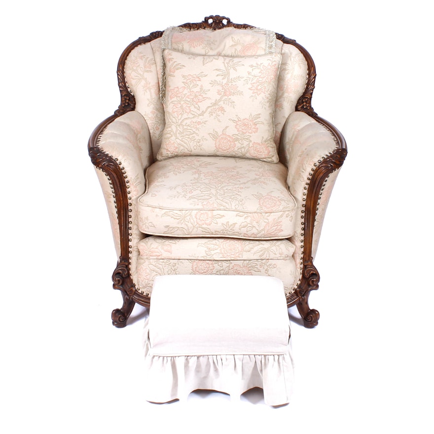 Upholstered Victorian Armchair and a Footrest with Slipcover