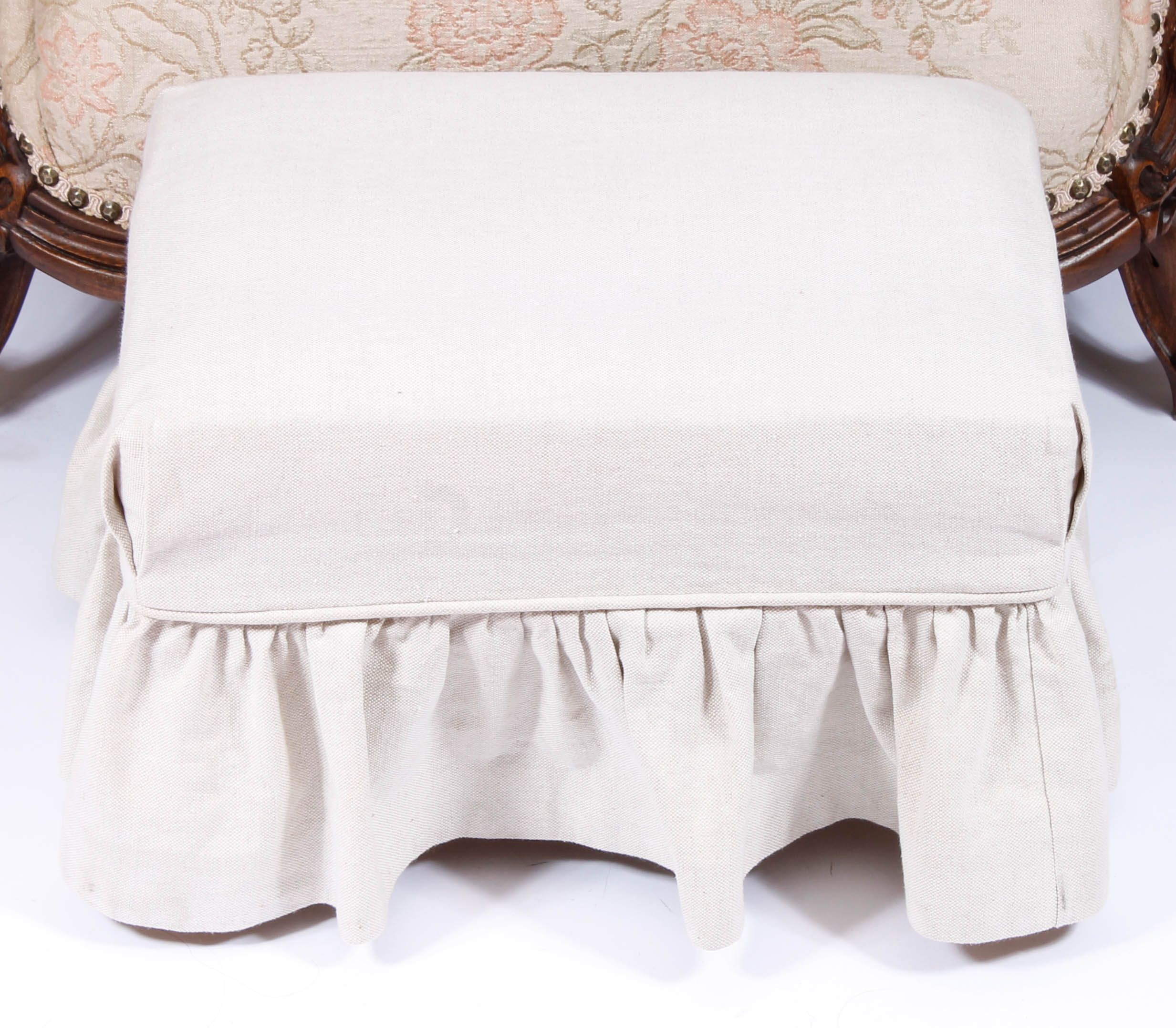 Upholstered Victorian Armchair and a Footrest with Slipcover