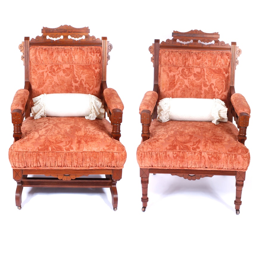 Pair of Antique Victorian Upholstered Walnut Armchairs