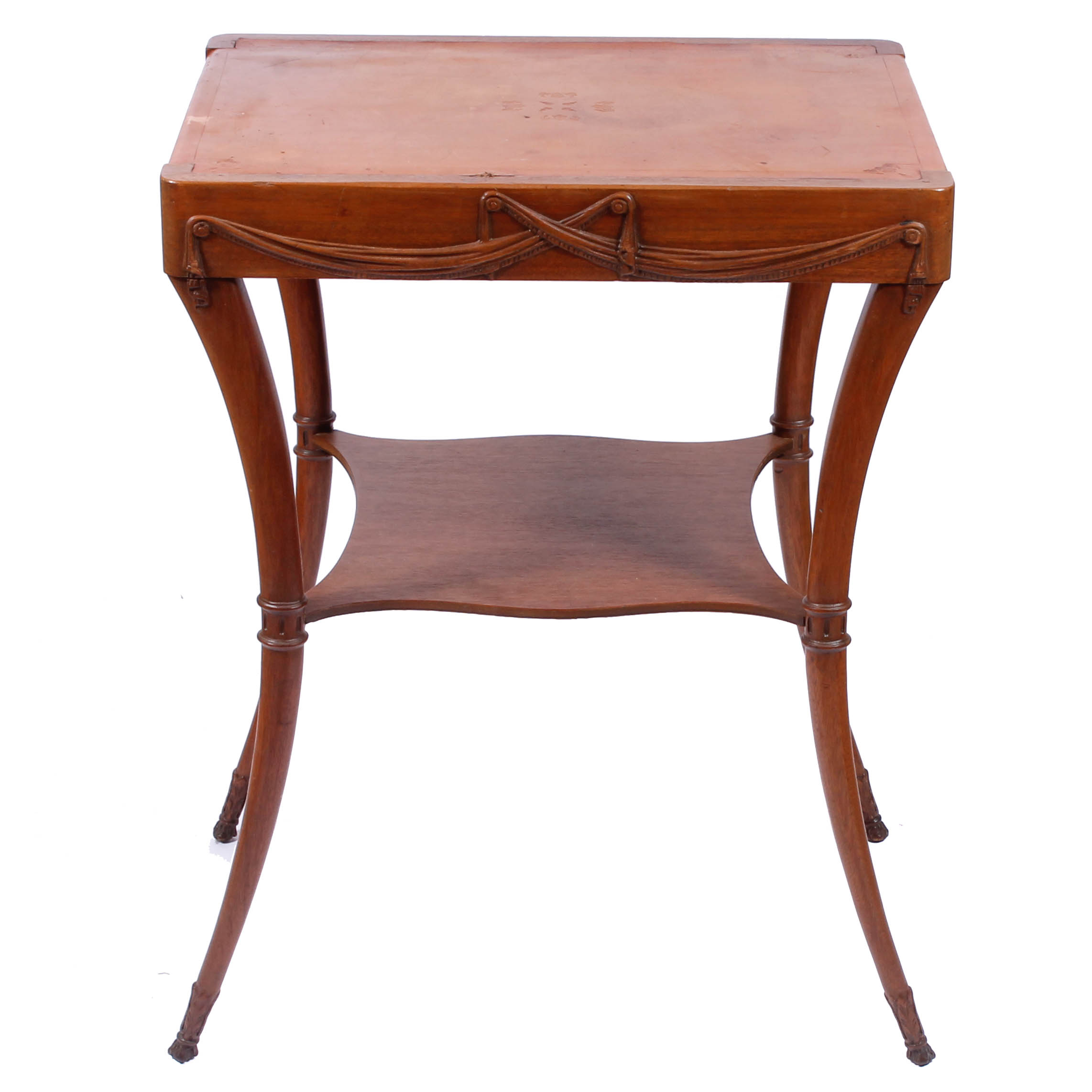 Vintage Carved Wood and Leather-Topped Side Table