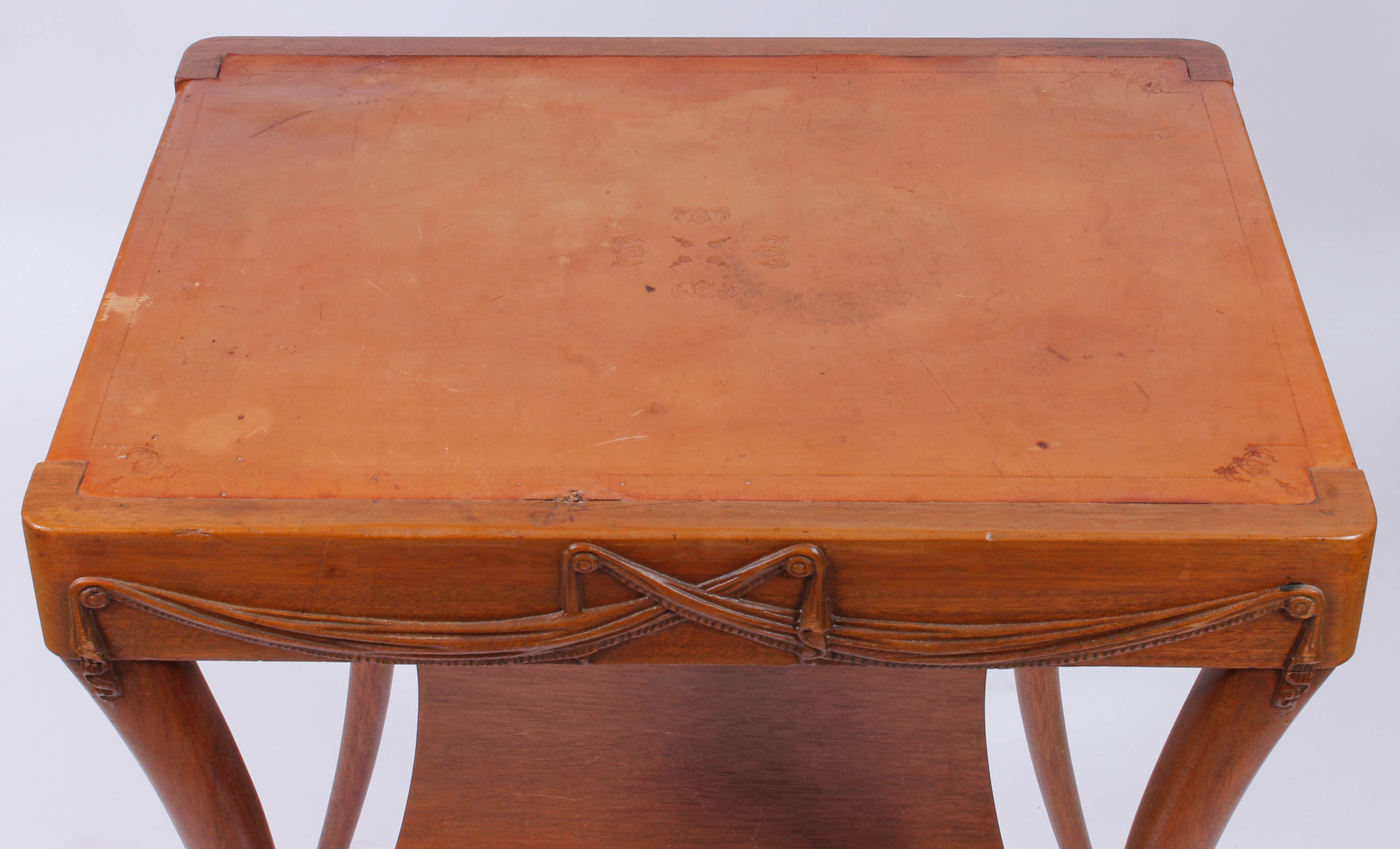 Vintage Carved Wood and Leather-Topped Side Table