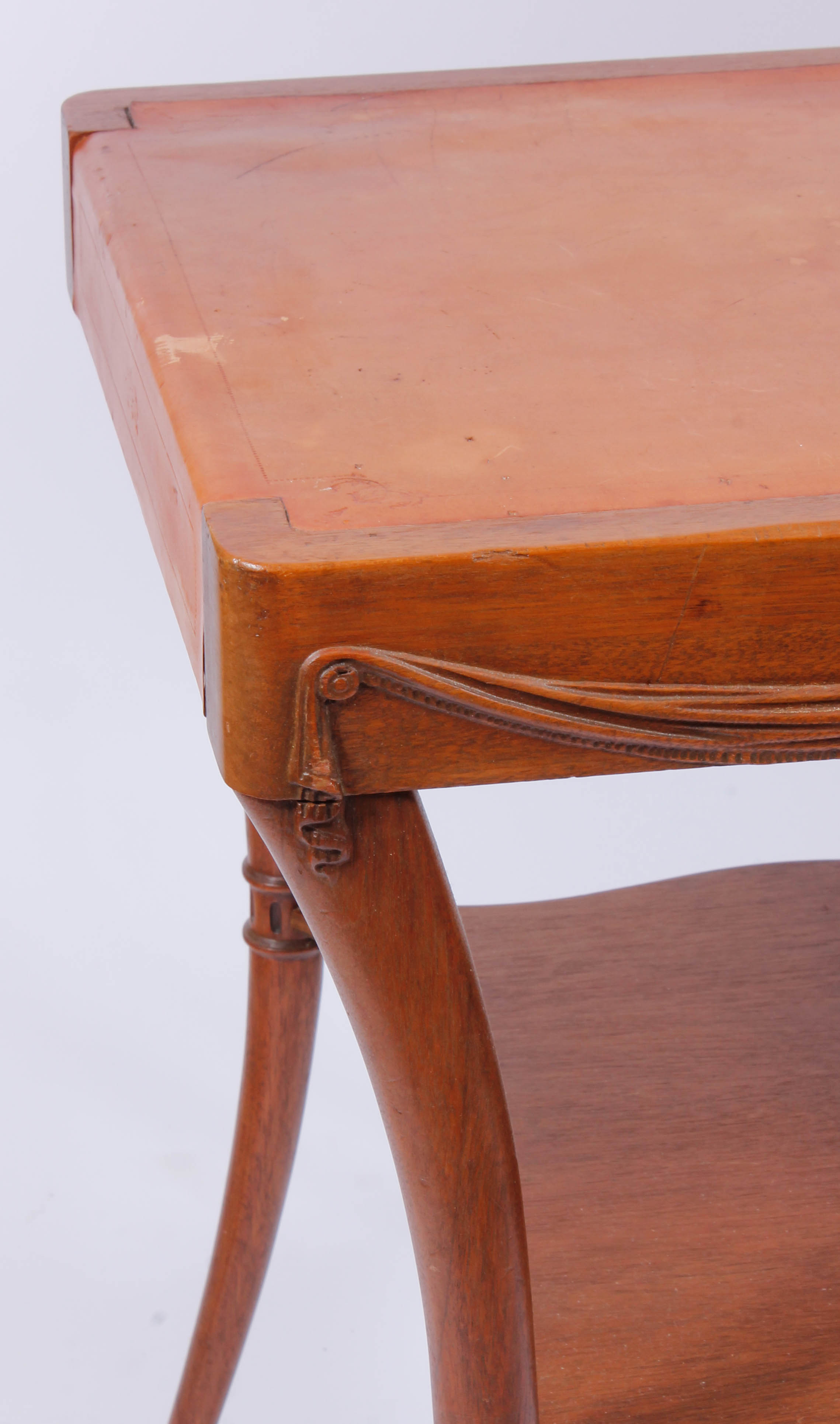 Vintage Carved Wood and Leather-Topped Side Table