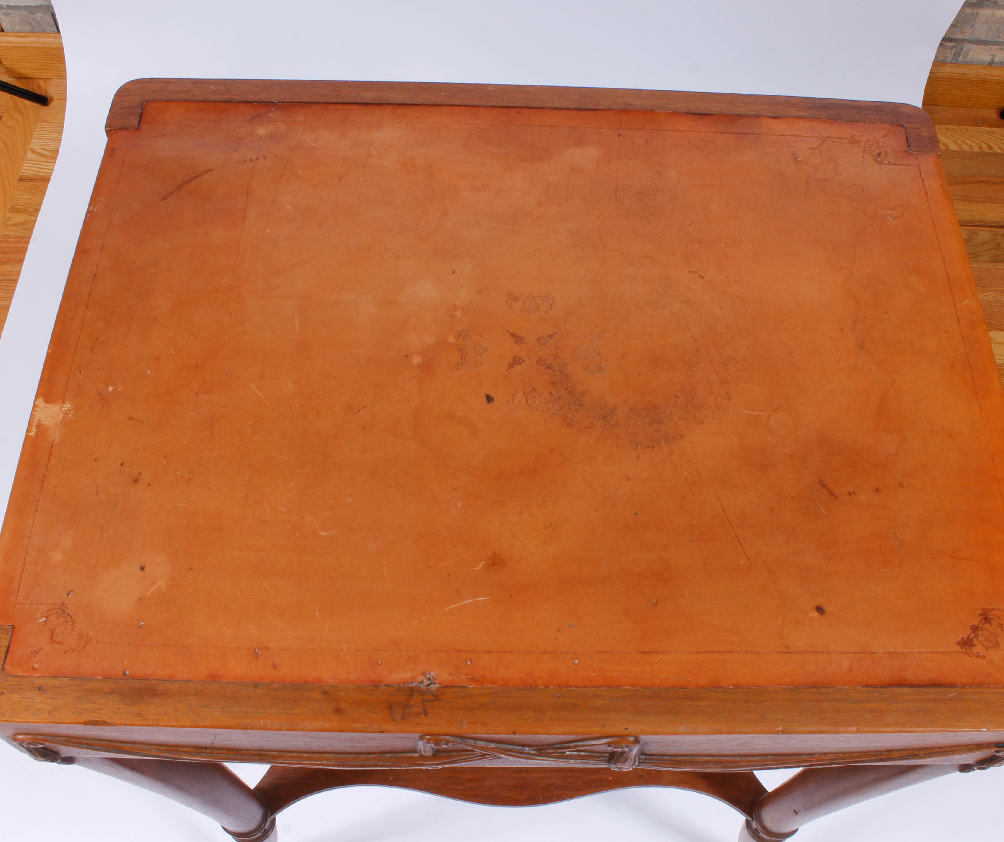 Vintage Carved Wood and Leather-Topped Side Table
