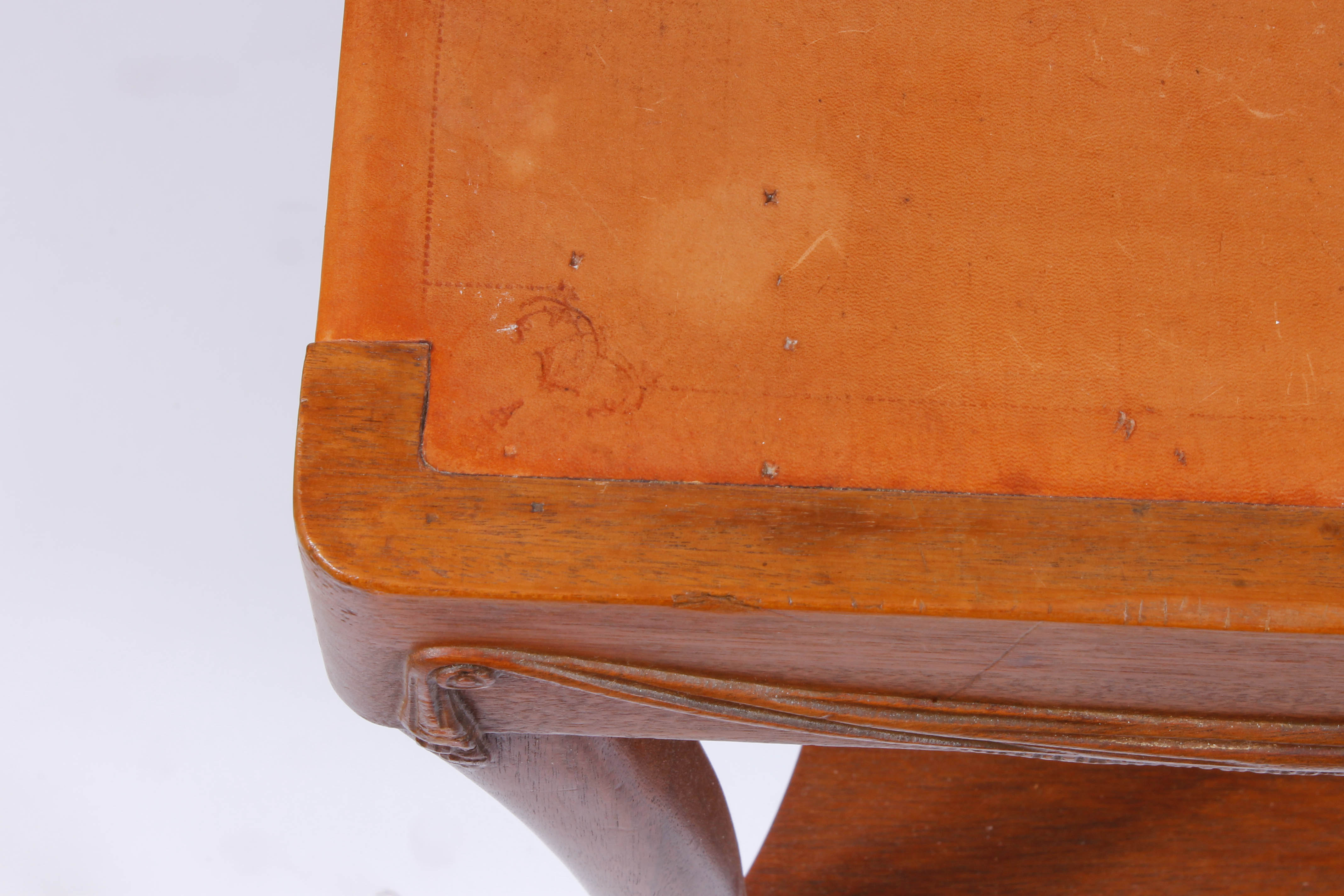 Vintage Carved Wood and Leather-Topped Side Table