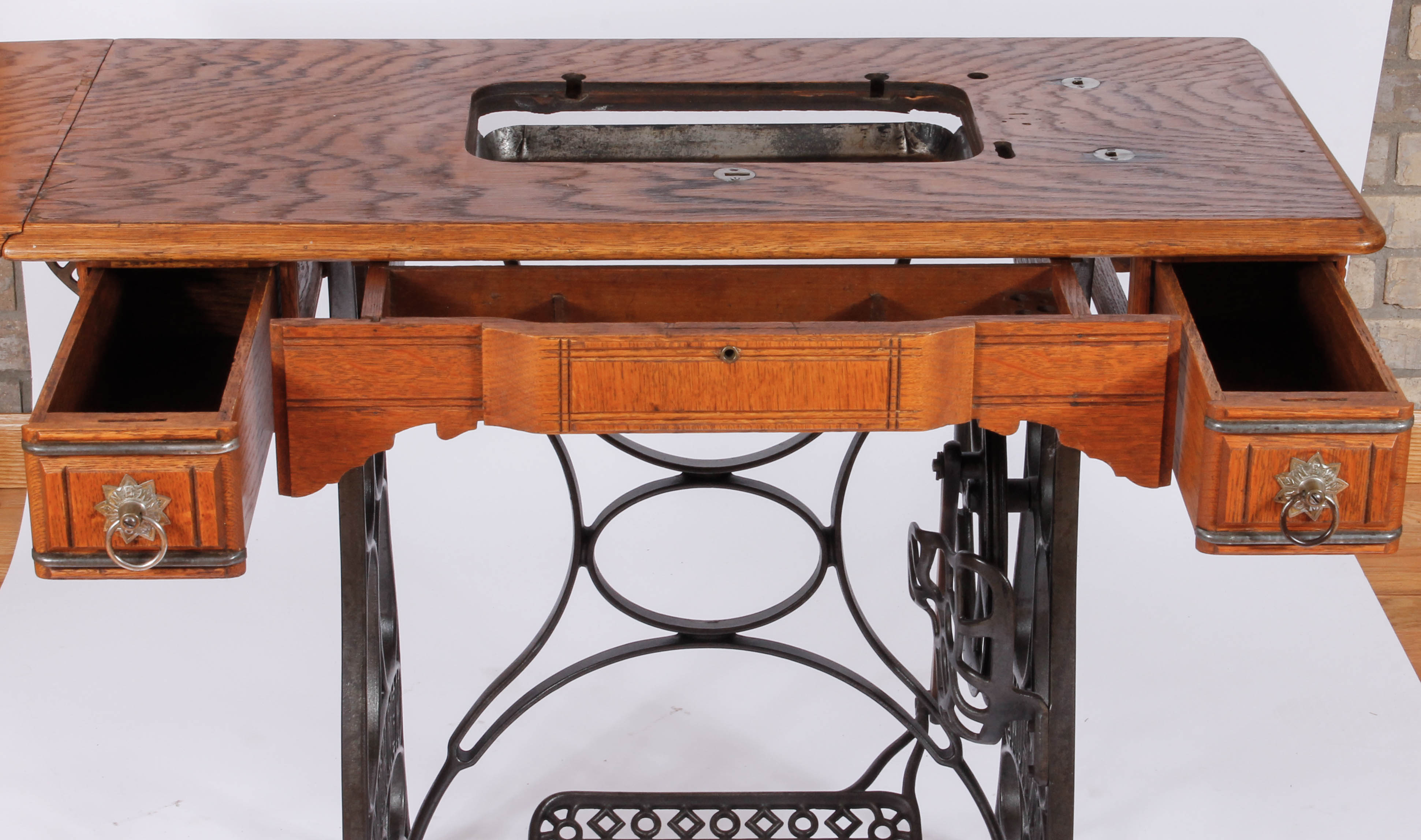 Vintage New Home Oak and Cast Iron Sewing Table
