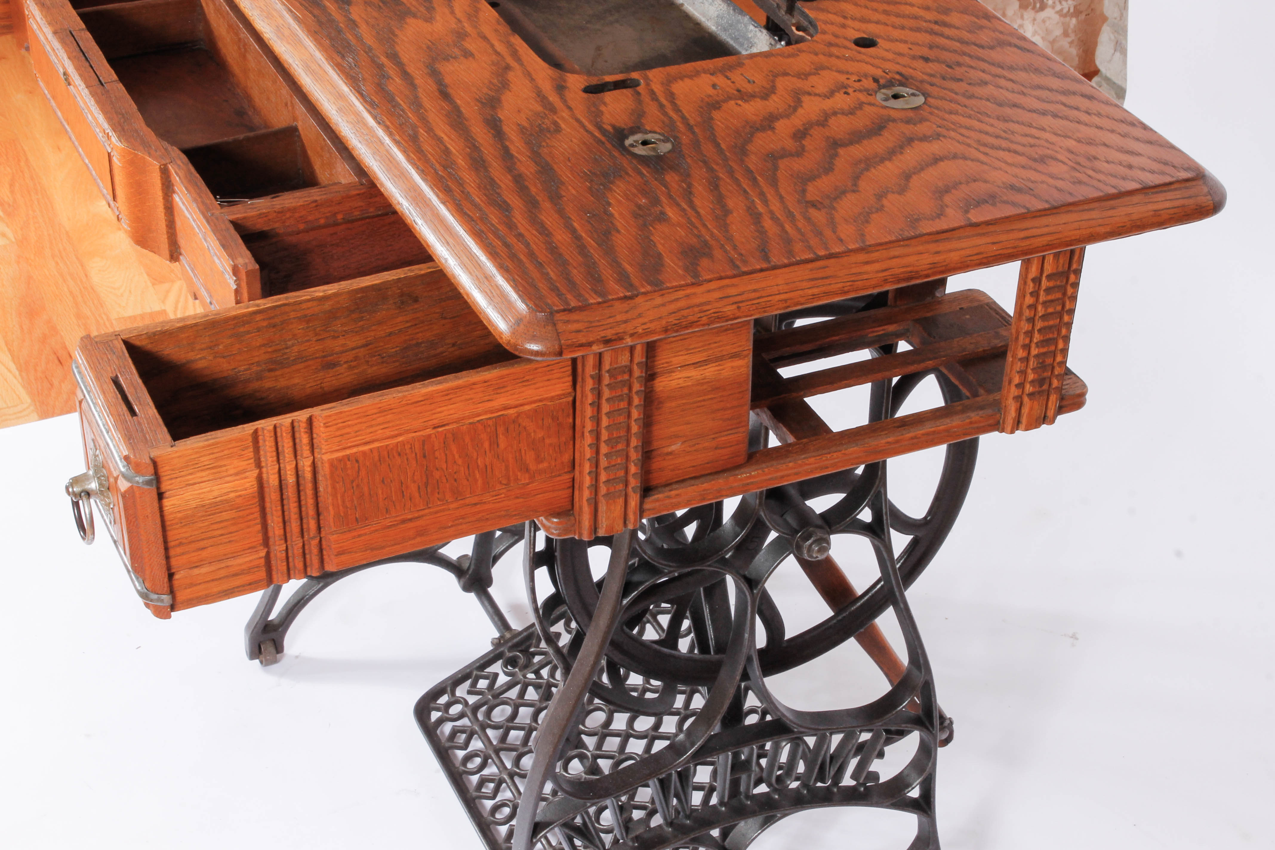 Vintage New Home Oak and Cast Iron Sewing Table