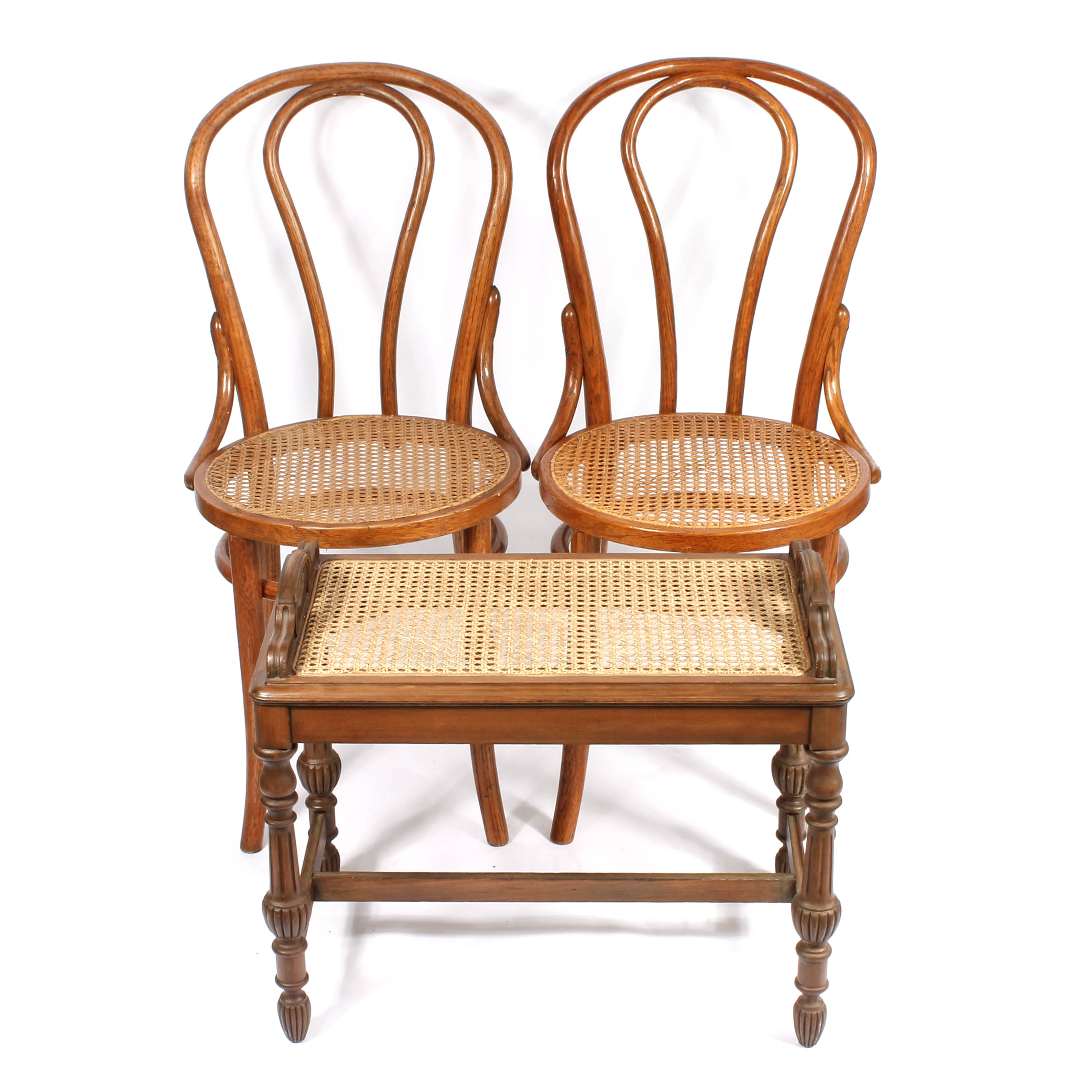 Pair of Caned Bentwood Chairs and Caned Side Table