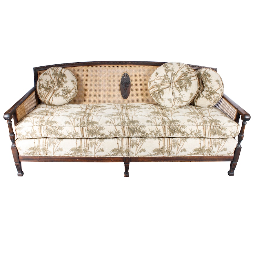 Vintage Plantation-Style Caned and Upholstered Sofa