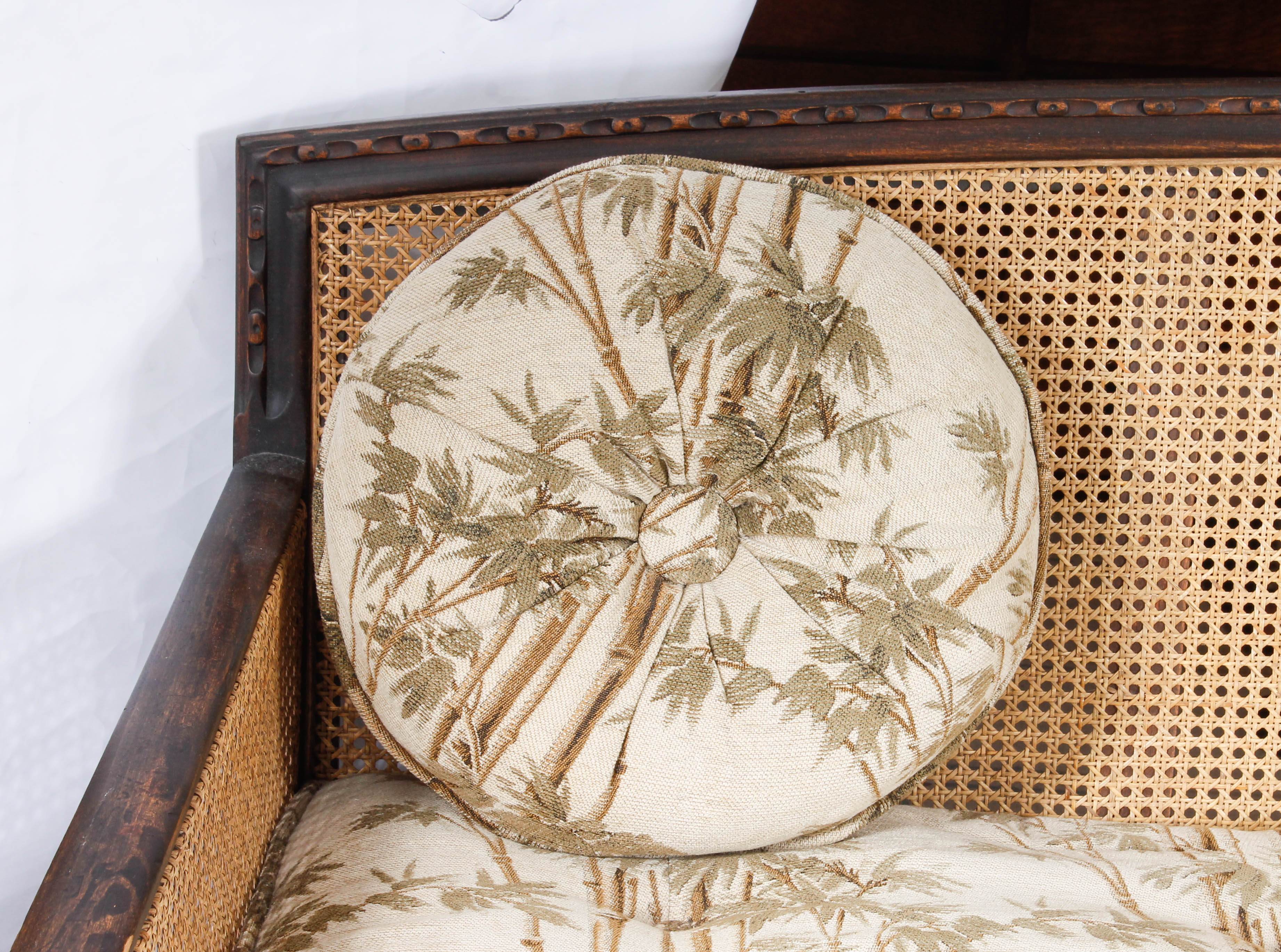 Vintage Plantation-Style Caned and Upholstered Sofa